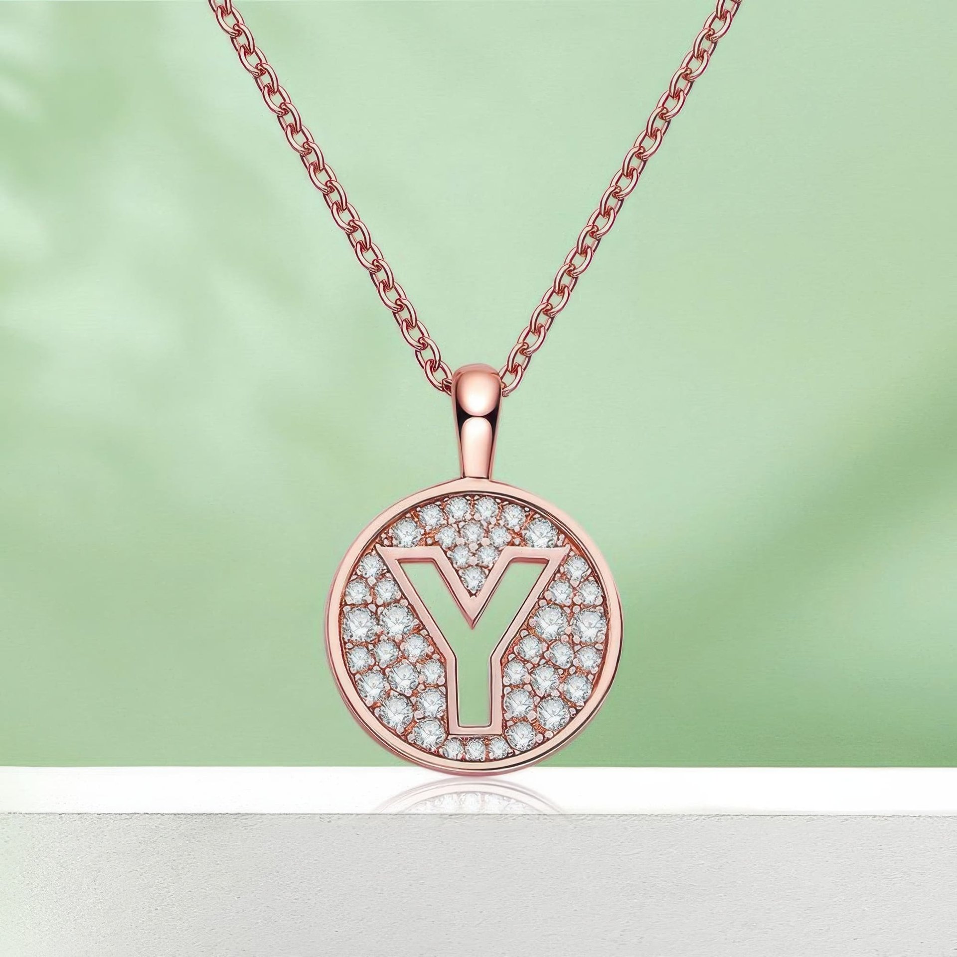 Letter Y Moissanite Initial Necklace | Pave Disc Pendant | 925 Silver Rose Gold Plated - Image 4