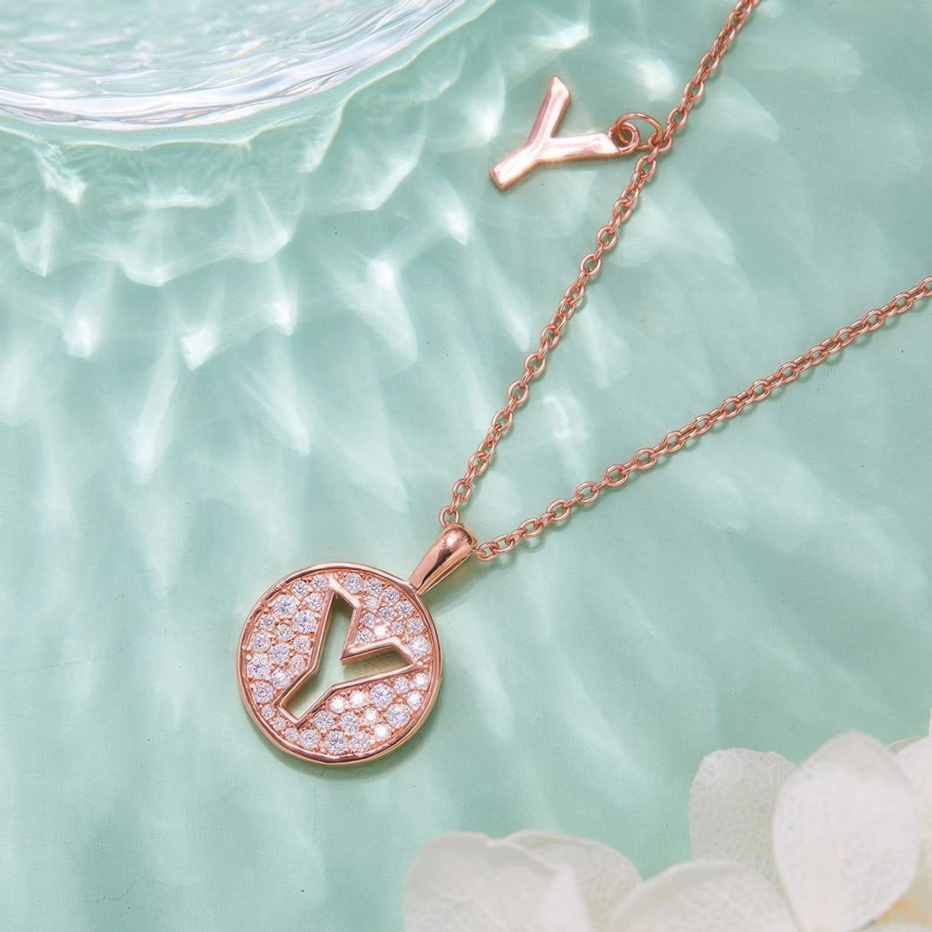 Letter Y Moissanite Initial Necklace | Pave Disc Pendant | 925 Silver Rose Gold Plated - alternate view