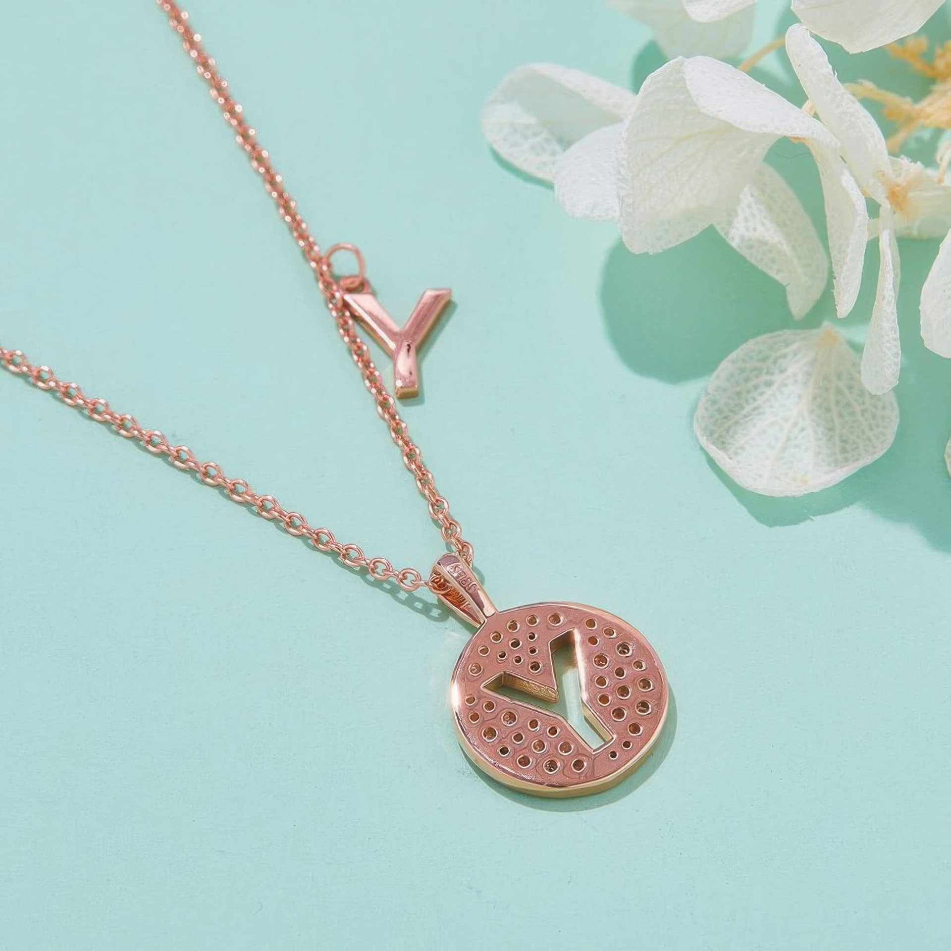 Letter Y Moissanite Initial Necklace | Pave Disc Pendant | 925 Silver Rose Gold Plated - Image 3
