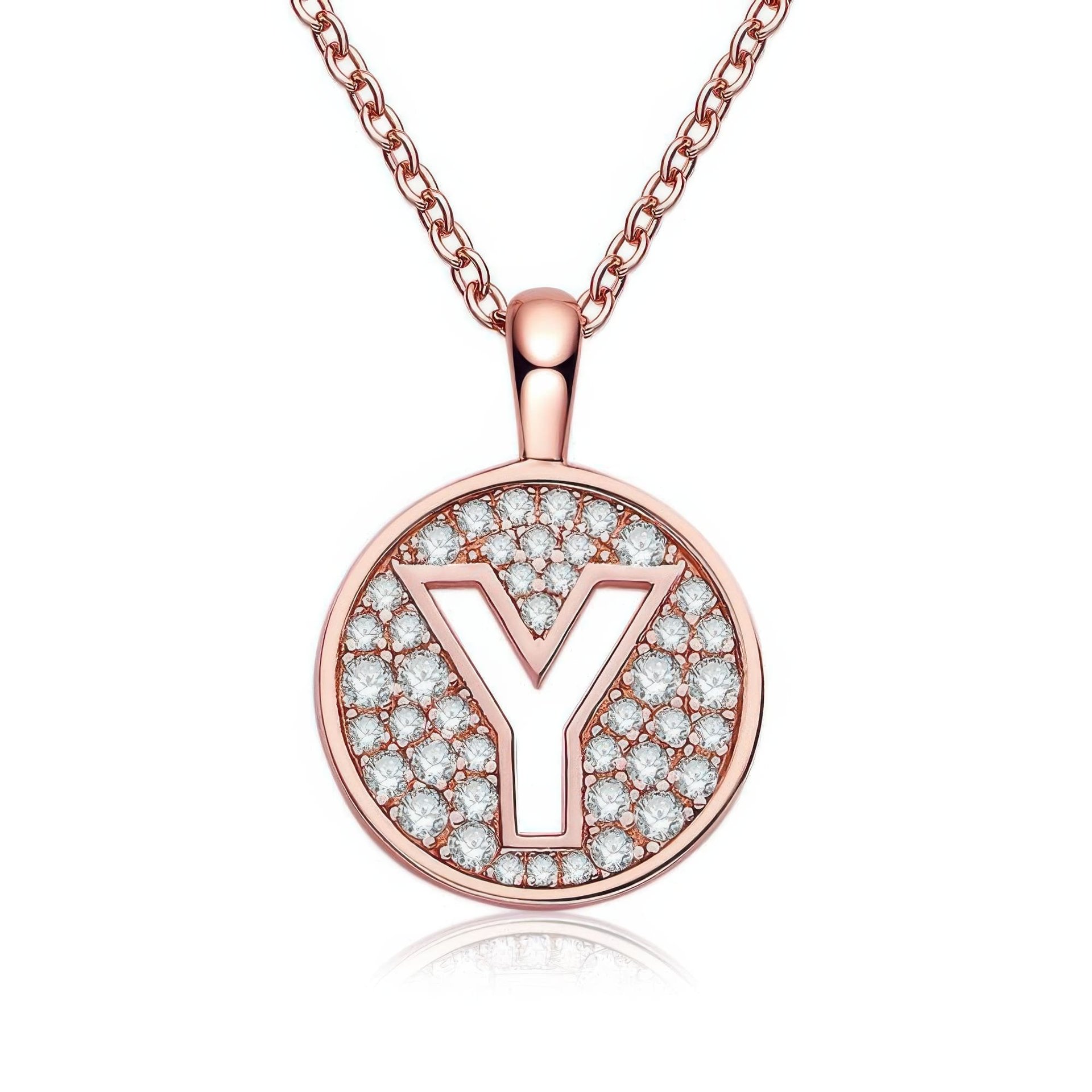 Letter Y Moissanite Initial Necklace | Pave Disc Pendant | 925 Silver Rose Gold Plated