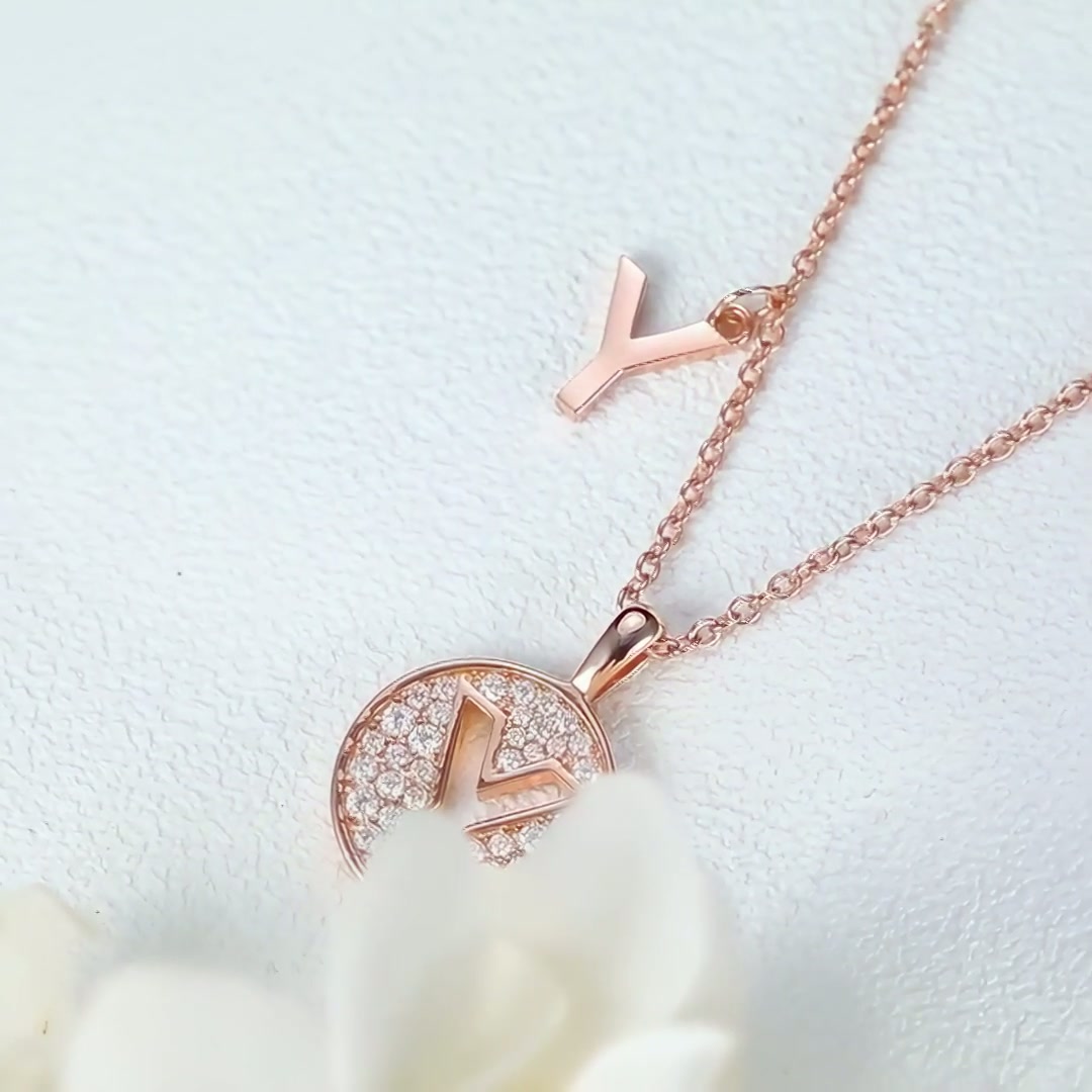 Letter Y Moissanite Initial Necklace | Pave Disc Pendant | 925 Silver Rose Gold Plated product video thumbnail