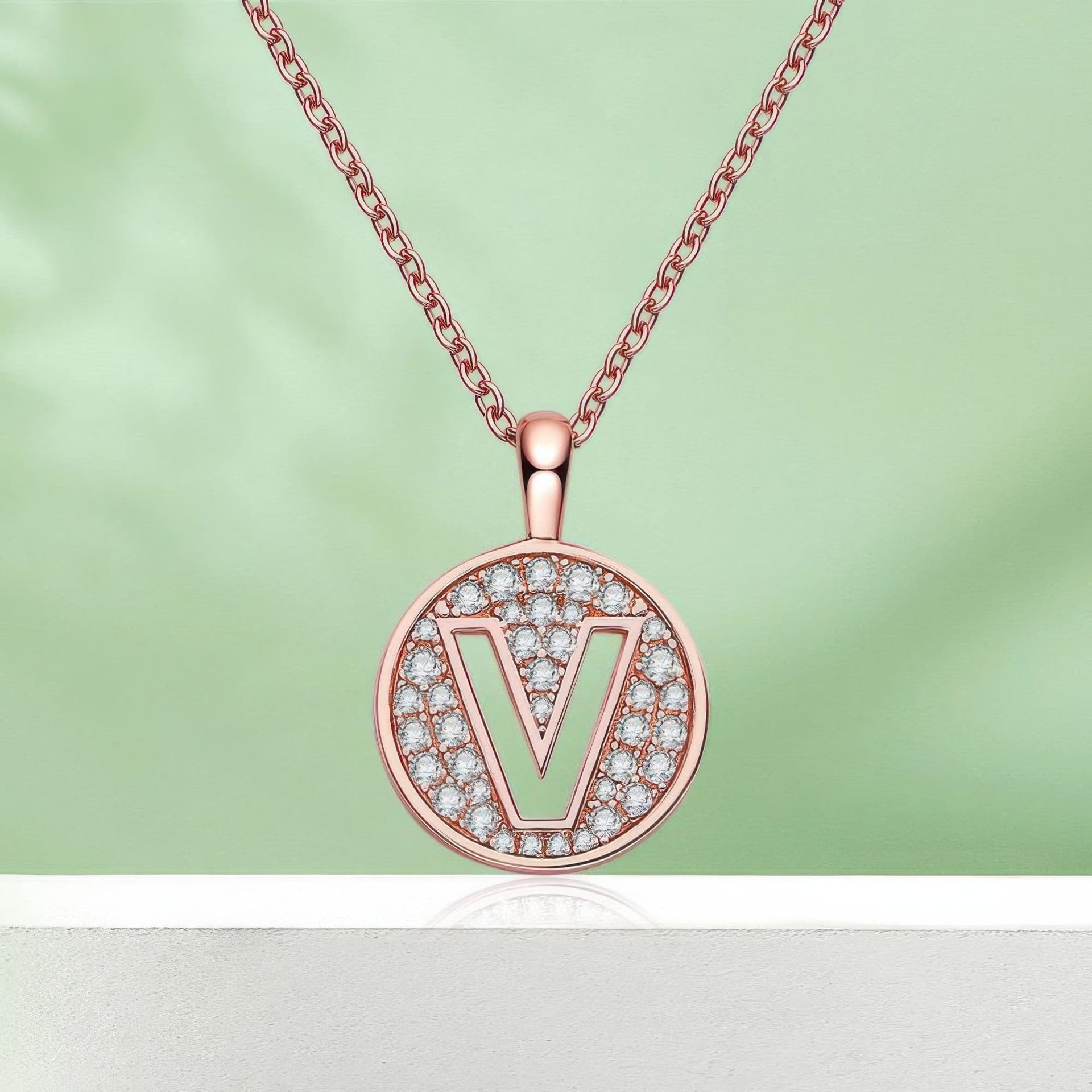 Initial V Moissanite Disc Pendant Necklace | Rose Gold Plated 925 Sterling Silver - Image 4