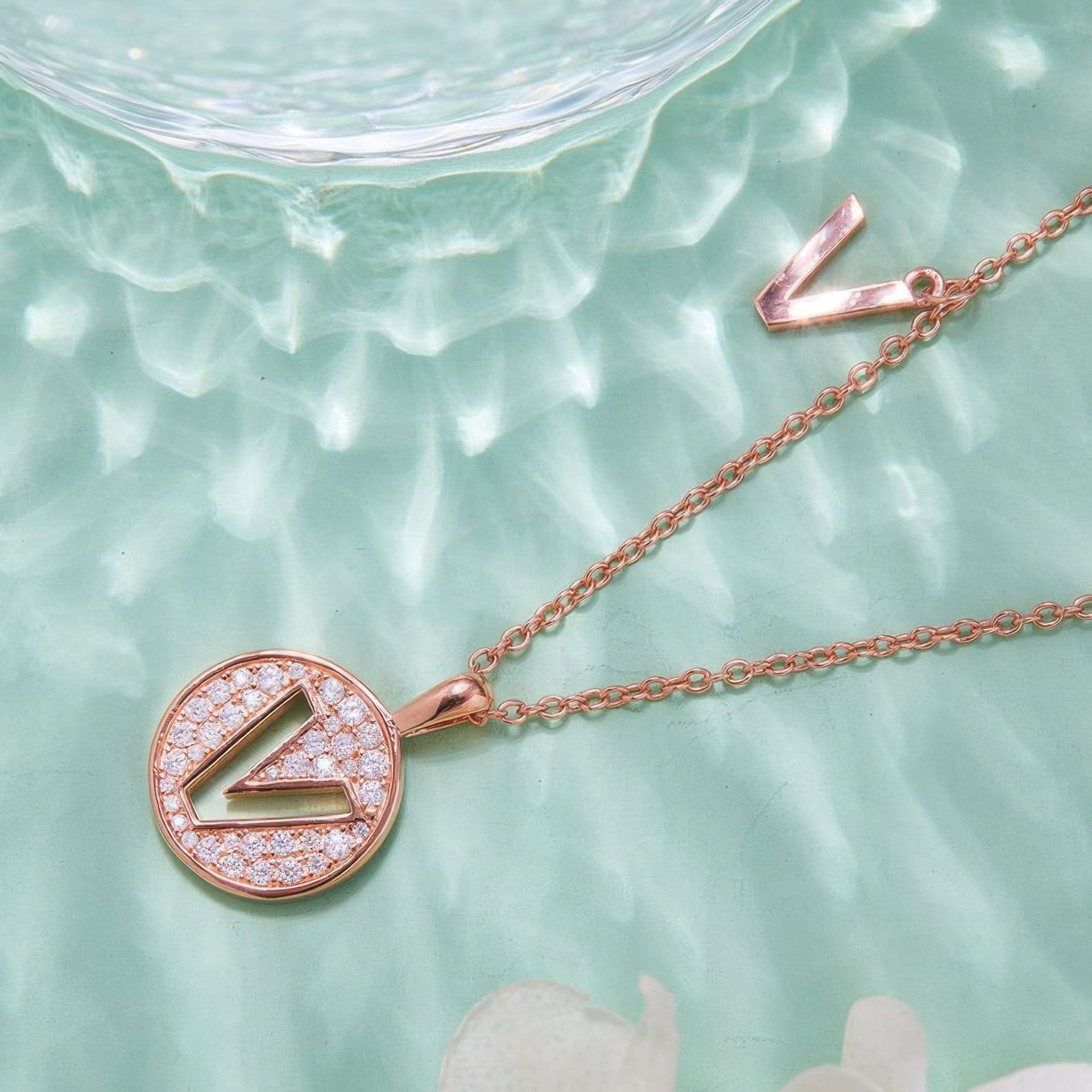 Initial V Moissanite Disc Pendant Necklace | Rose Gold Plated 925 Sterling Silver - alternate view