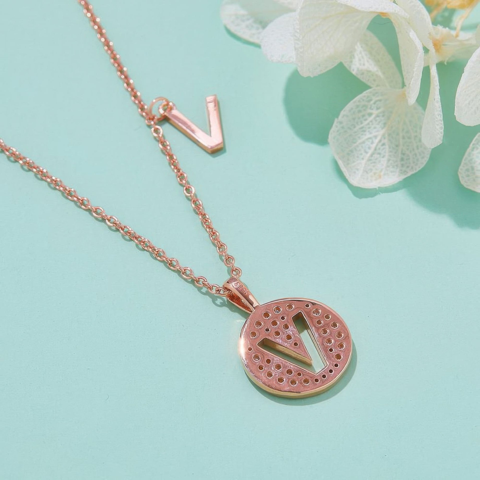 Initial V Moissanite Disc Pendant Necklace | Rose Gold Plated 925 Sterling Silver - Image 3