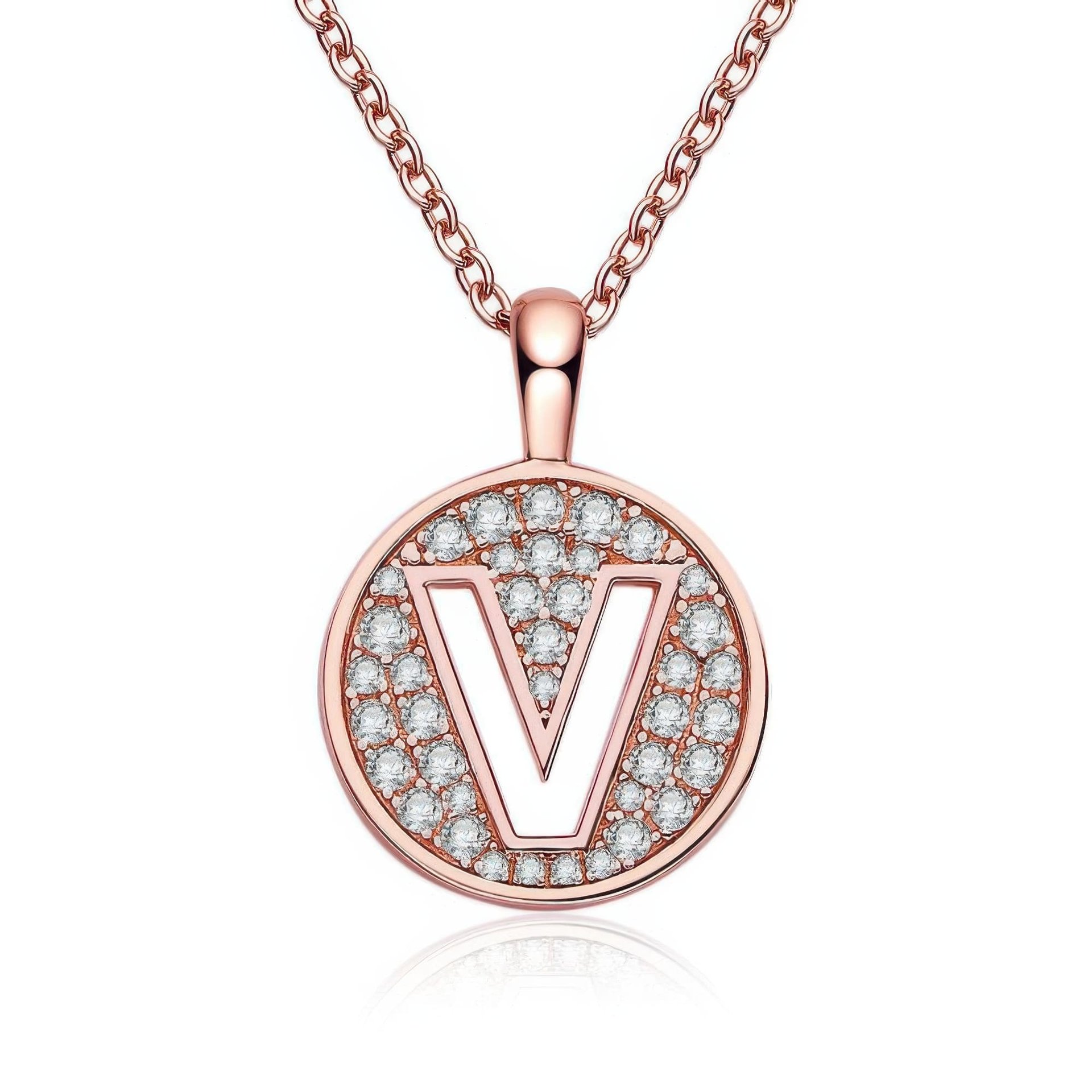 Initial V Moissanite Disc Pendant Necklace | Rose Gold Plated 925 Sterling Silver