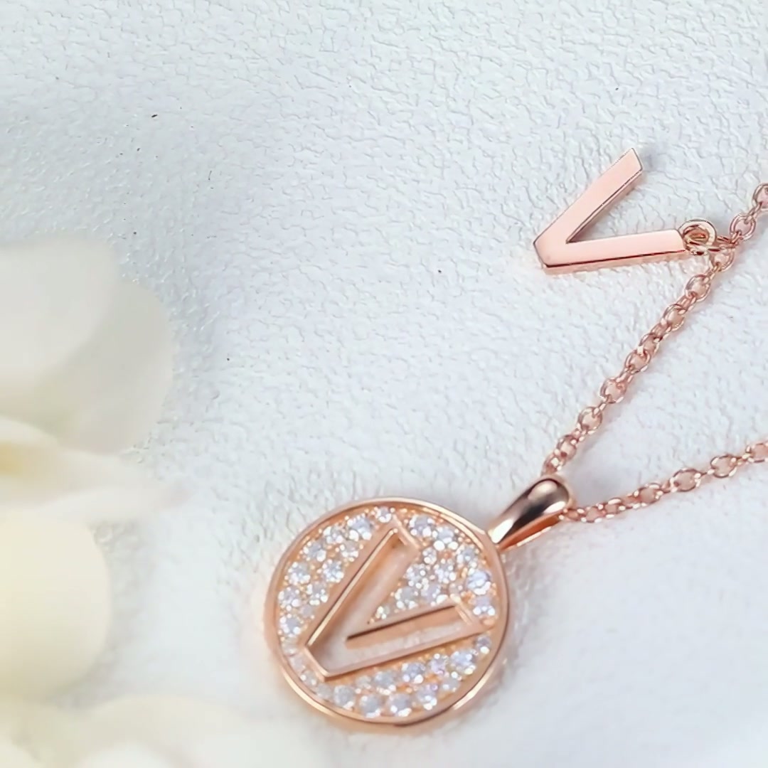 Initial V Moissanite Disc Pendant Necklace | Rose Gold Plated 925 Sterling Silver product video thumbnail