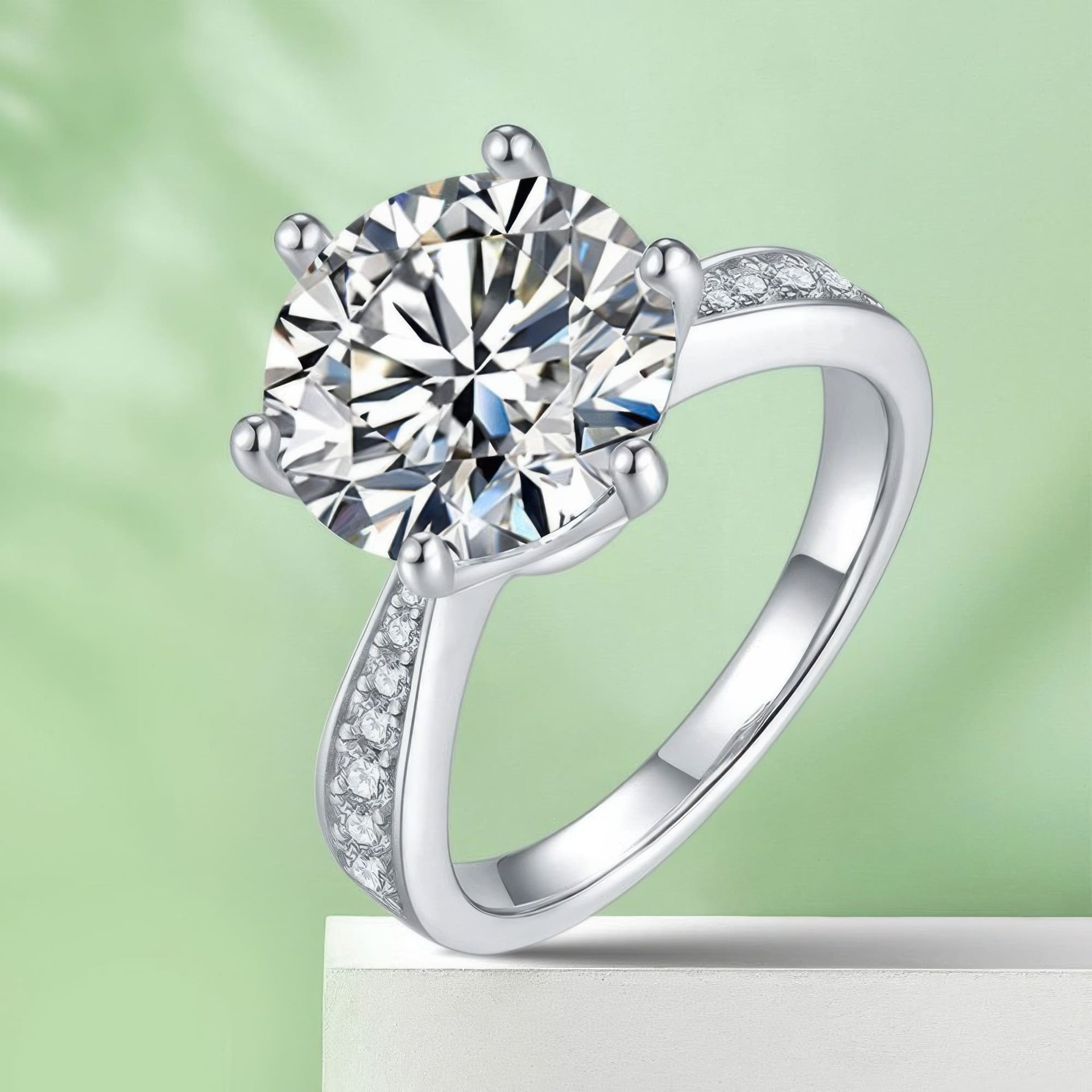 5ct Round Moissanite Crown Solitaire Ring | Six-Prong Pavé Band | 925 Sterling Silver - Image 5