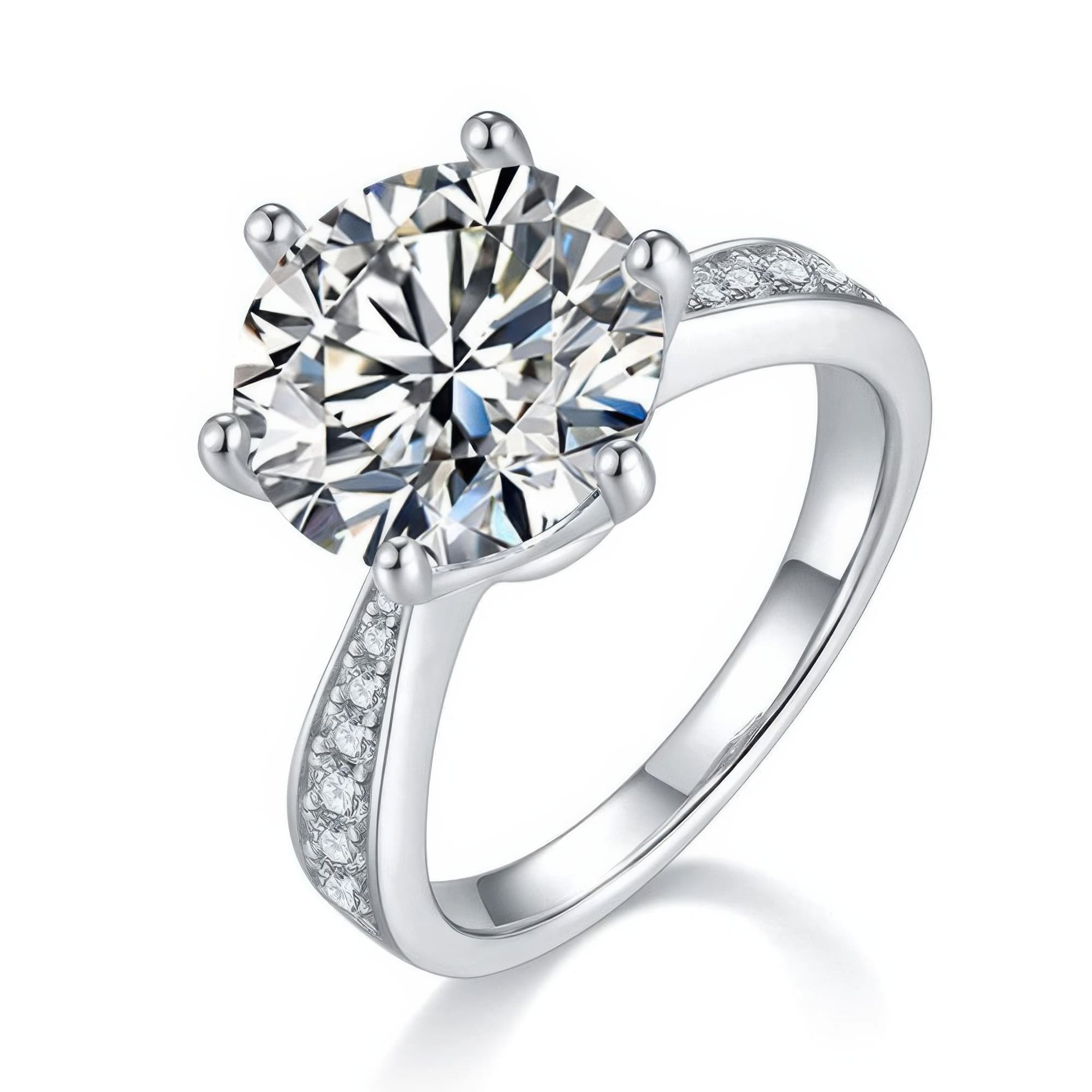 5ct Round Moissanite Crown Solitaire Ring | Six-Prong Pavé Band | 925 Sterling Silver