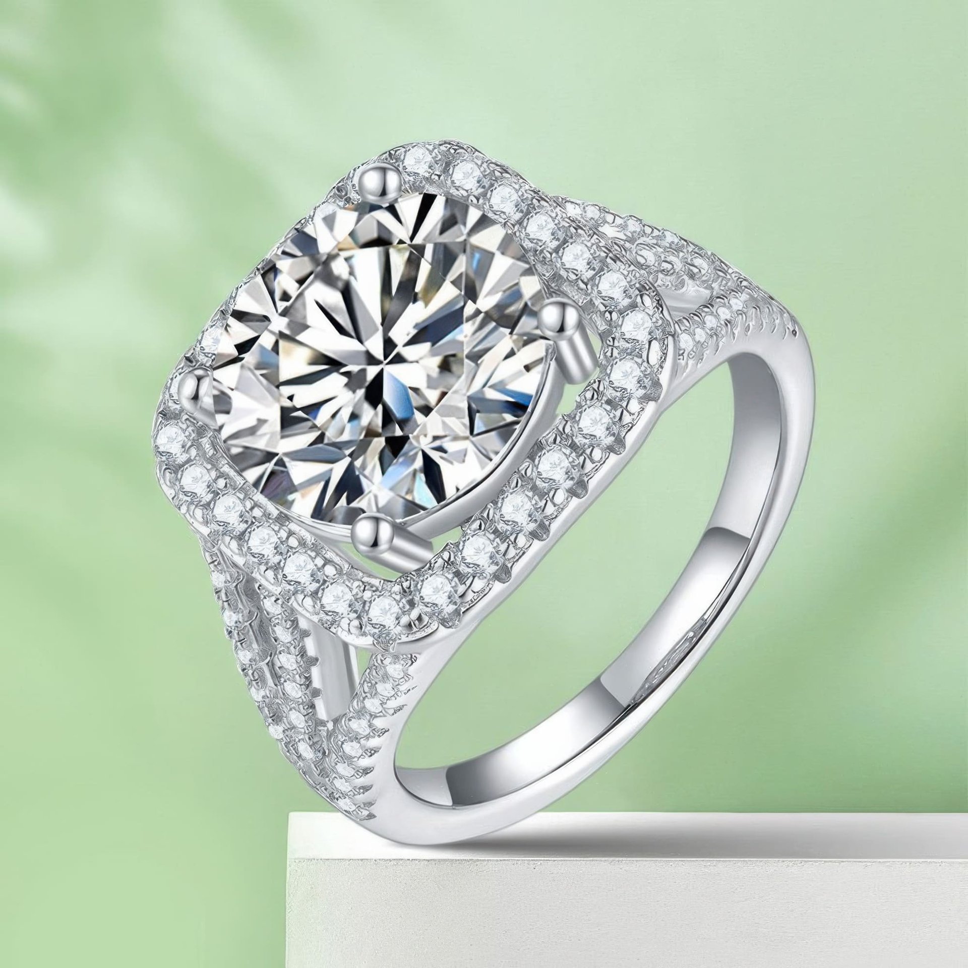 5 Carat Round Moissanite Engagement Ring | Cushion Halo | Split-Shank Pave Sterling Silver - Image 5