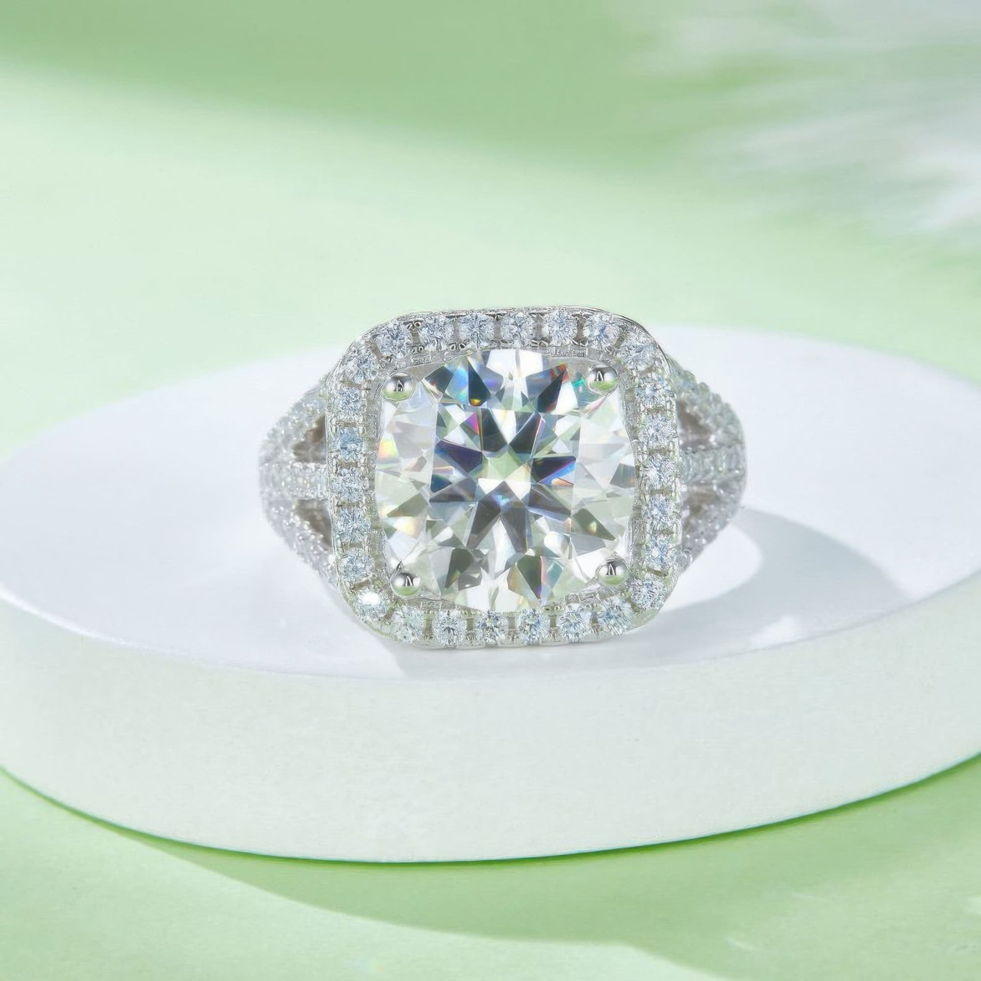 5 Carat Round Moissanite Engagement Ring | Cushion Halo | Split-Shank Pave Sterling Silver - alternate view