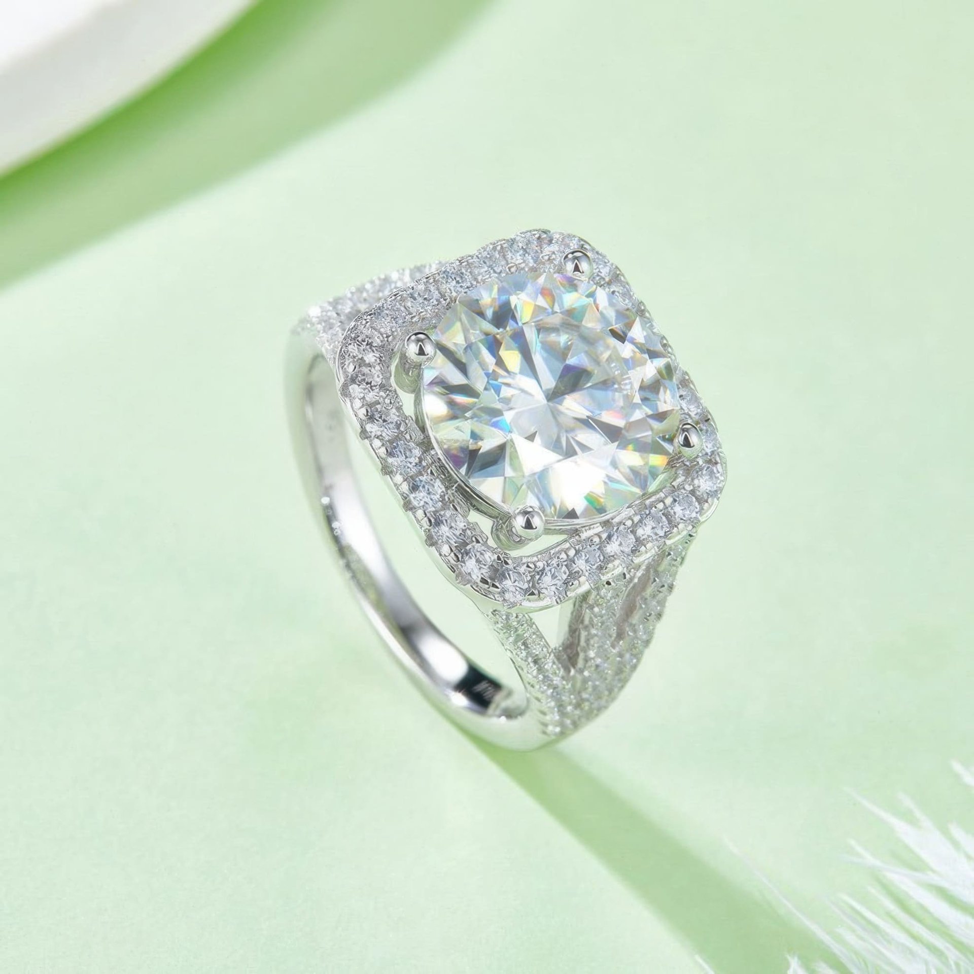 5 Carat Round Moissanite Engagement Ring | Cushion Halo | Split-Shank Pave Sterling Silver - Image 3