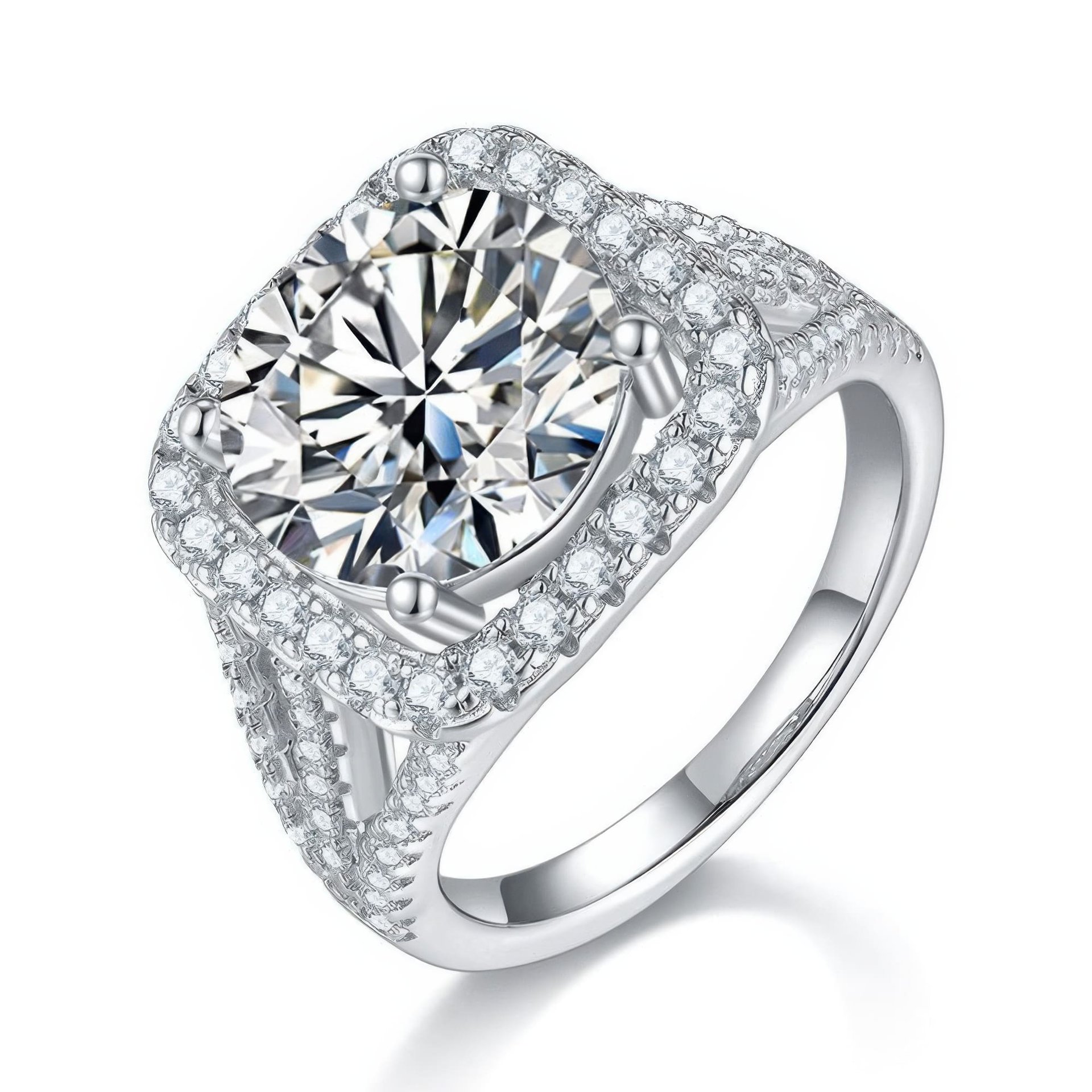 5 Carat Round Moissanite Engagement Ring | Cushion Halo | Split-Shank Pave Sterling Silver