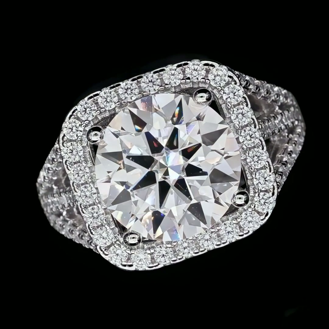 5 Carat Round Moissanite Engagement Ring | Cushion Halo | Split-Shank Pave Sterling Silver product video thumbnail