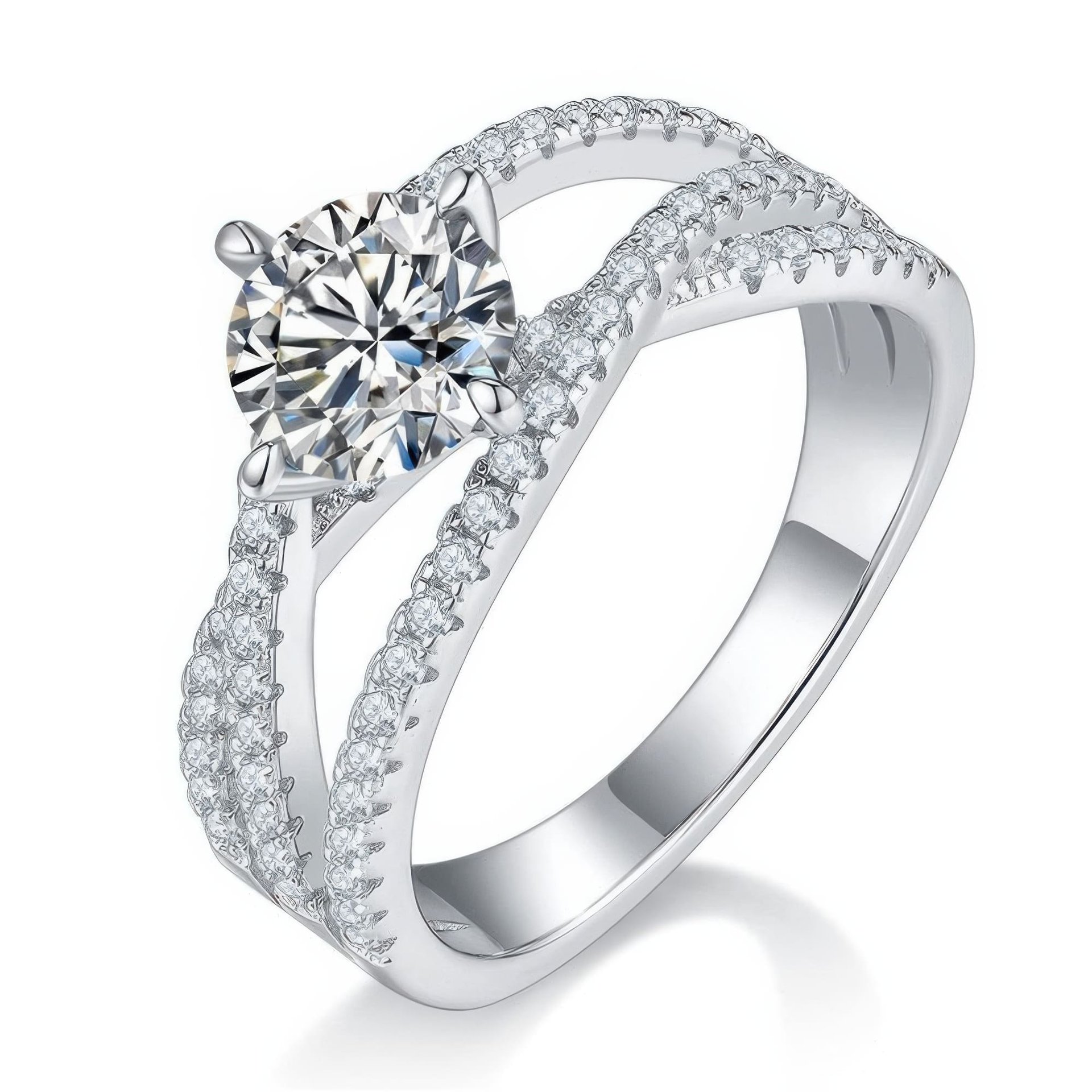 1 Carat Round Moissanite Triple-Band Engagement Ring | Crossover Pavé Shank | 925 Silver