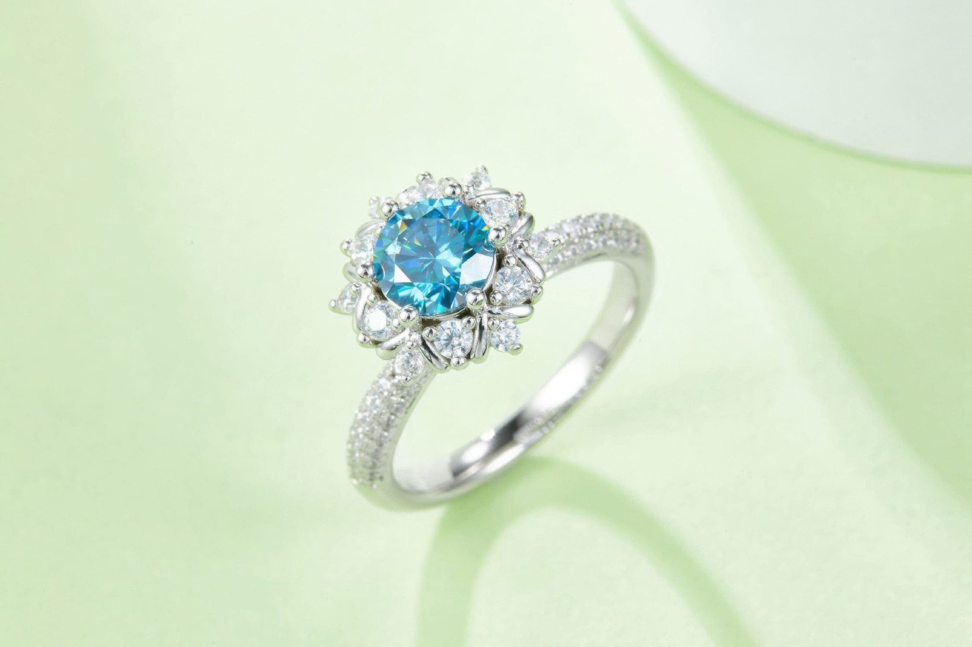 Round Moissanite Flower Halo Engagement Ring | 1ct 925 Silver Pavé Band - alternate view