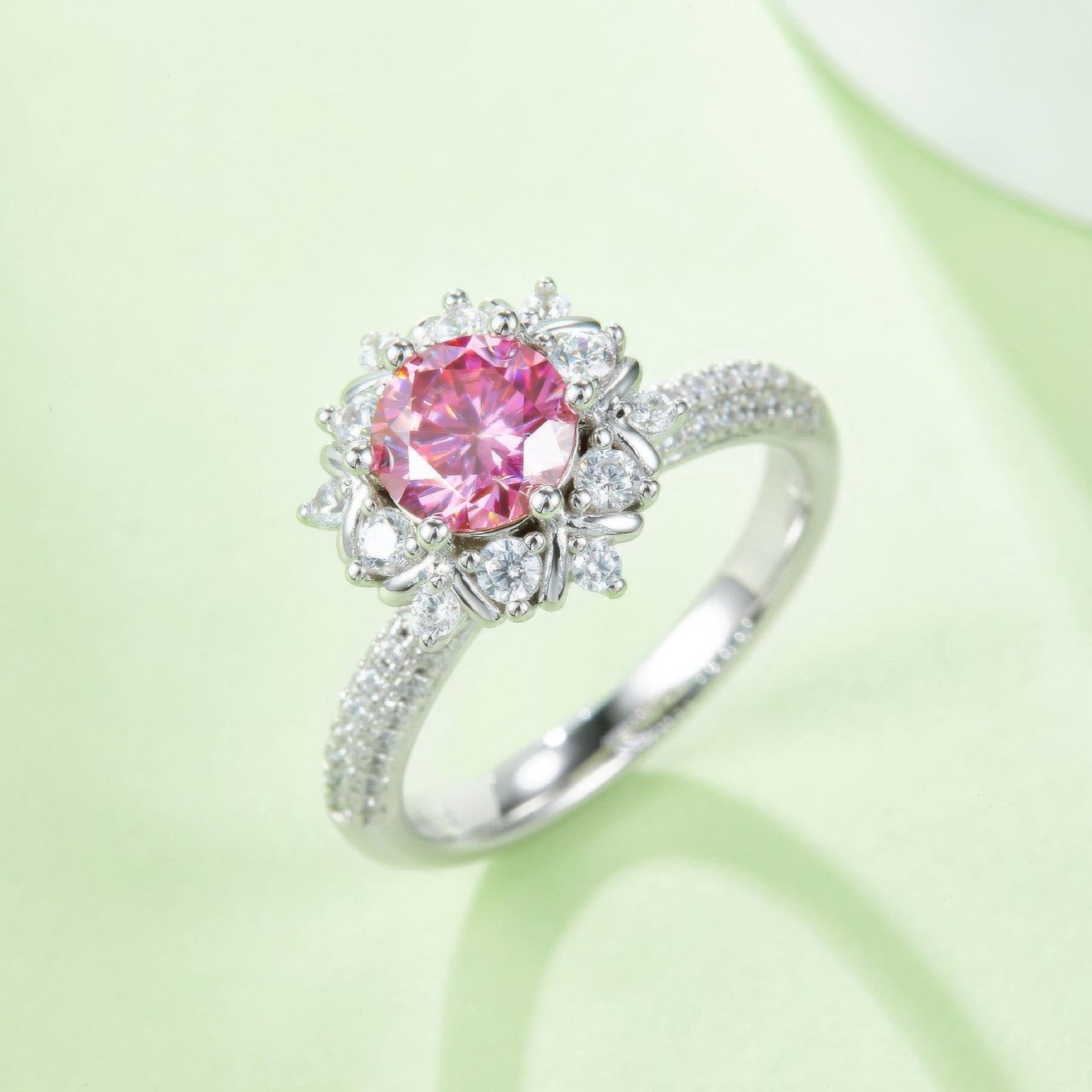 Round Moissanite Flower Halo Engagement Ring | 1ct 925 Silver Pavé Band - Image 4