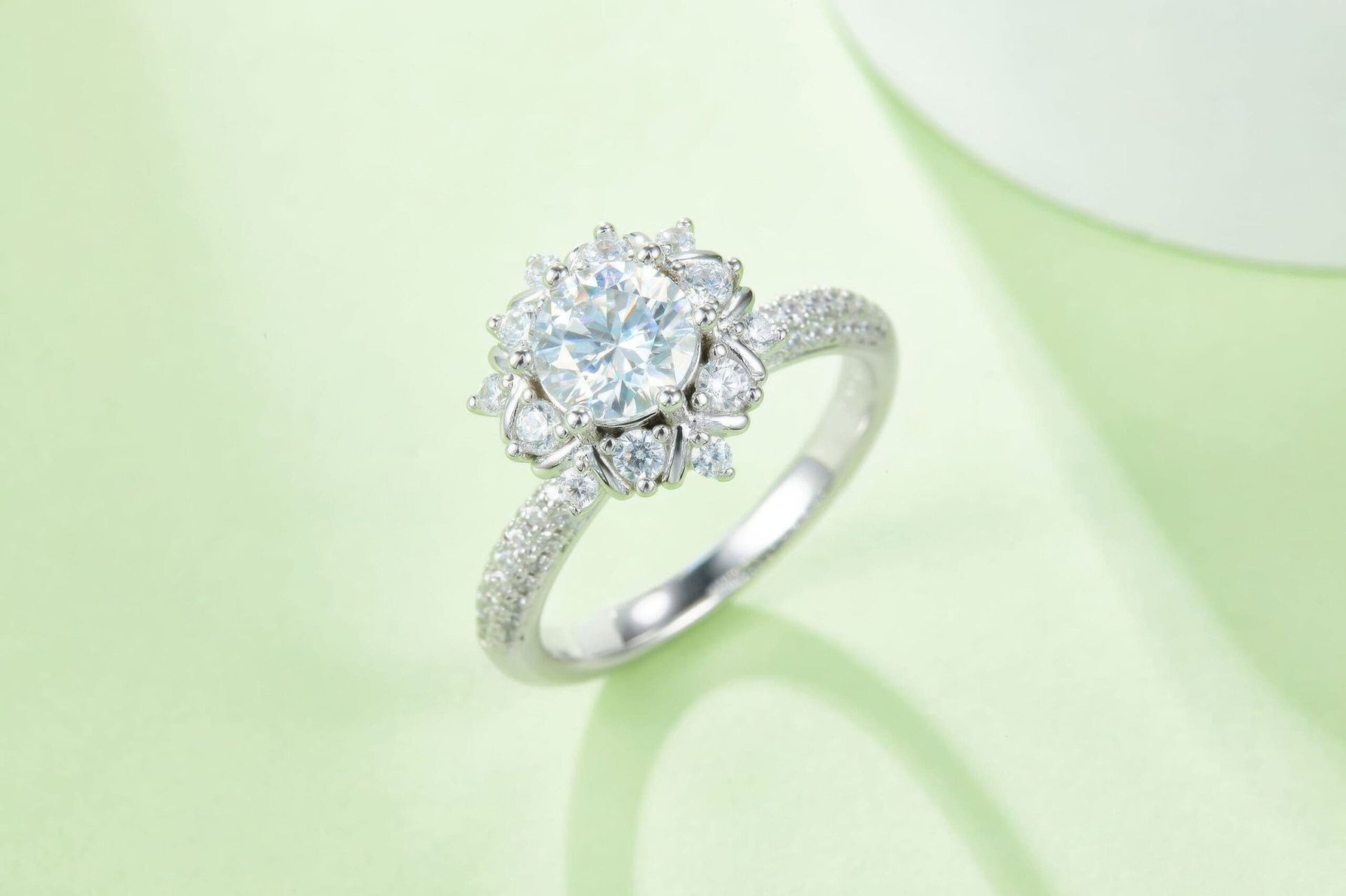 Round Moissanite Flower Halo Engagement Ring | 1ct 925 Silver Pavé Band - Image 5
