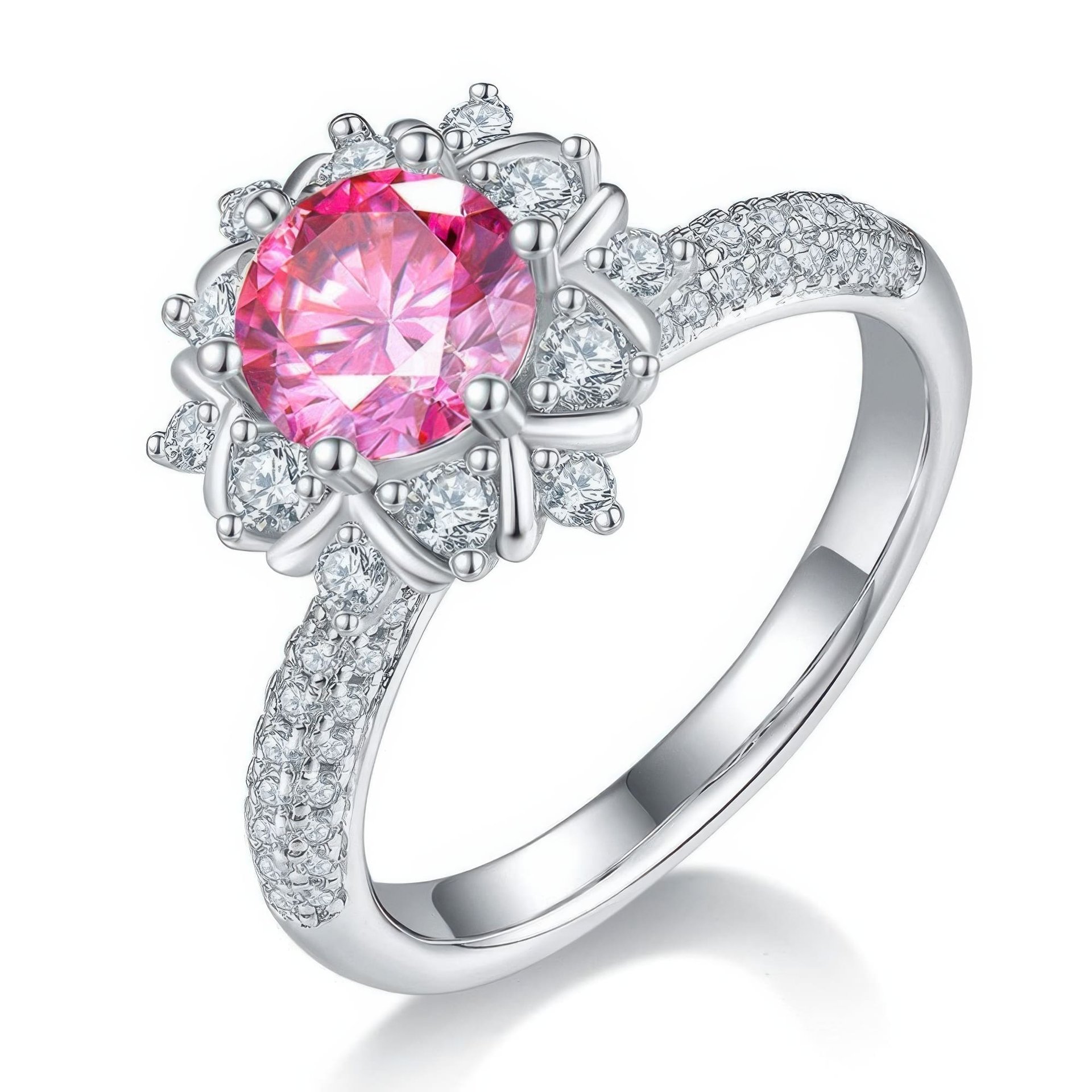 Round Moissanite Flower Halo Engagement Ring | 1ct 925 Silver Pavé Band - Image 8