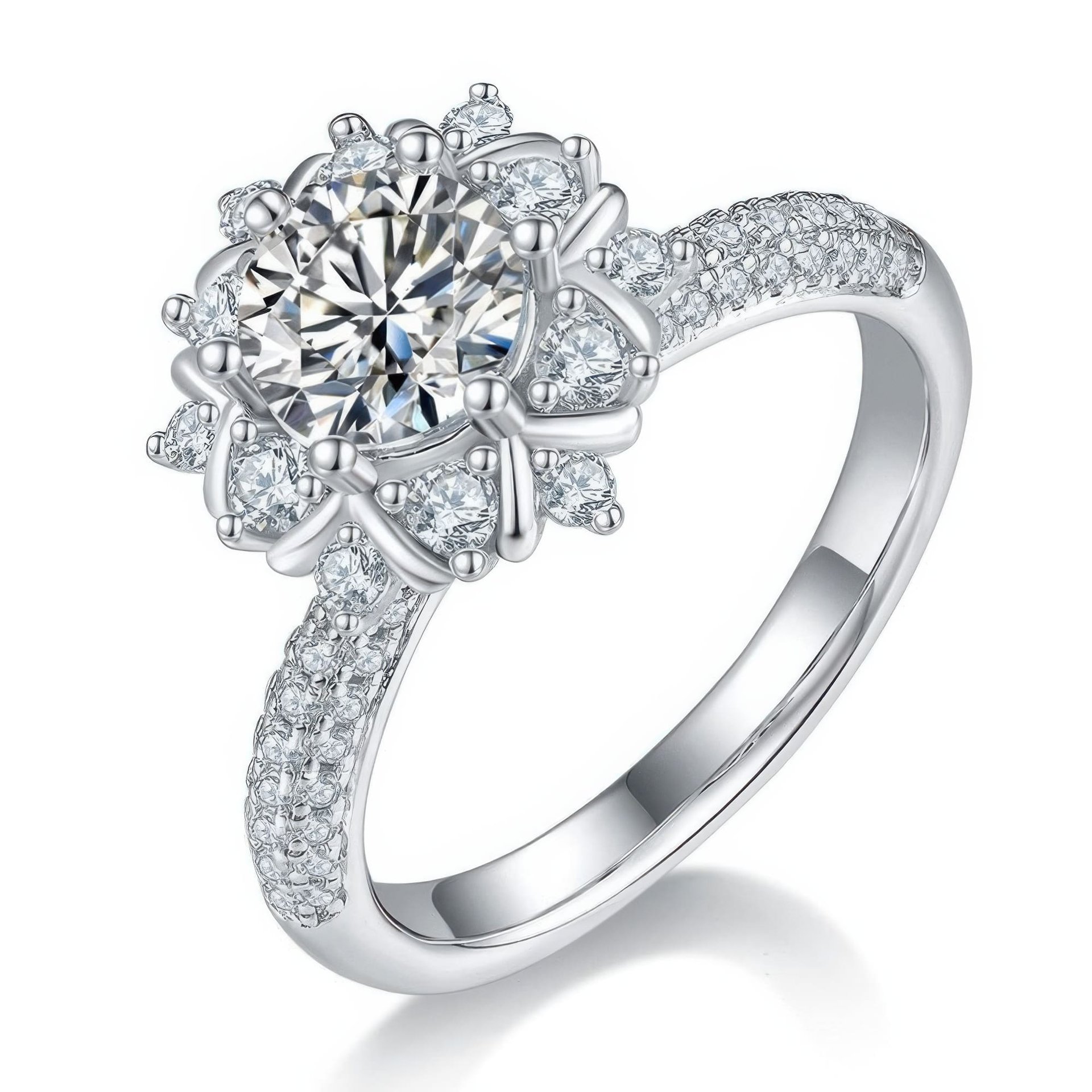 Round Moissanite Flower Halo Engagement Ring | 1ct 925 Silver Pavé Band
