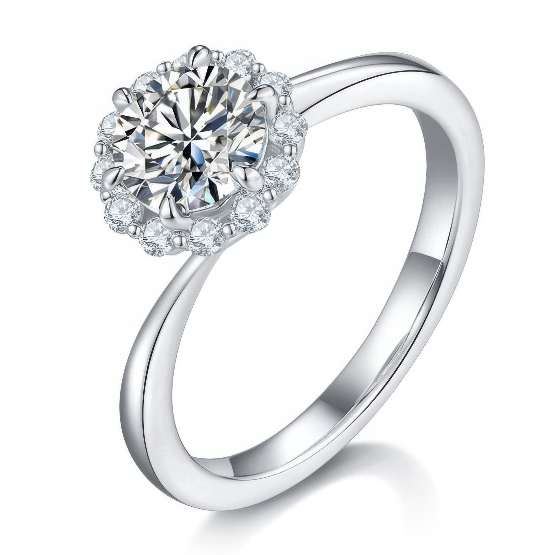 1ct Moissanite Halo Ring | Round Brilliant Cluster | 925 Sterling Silver