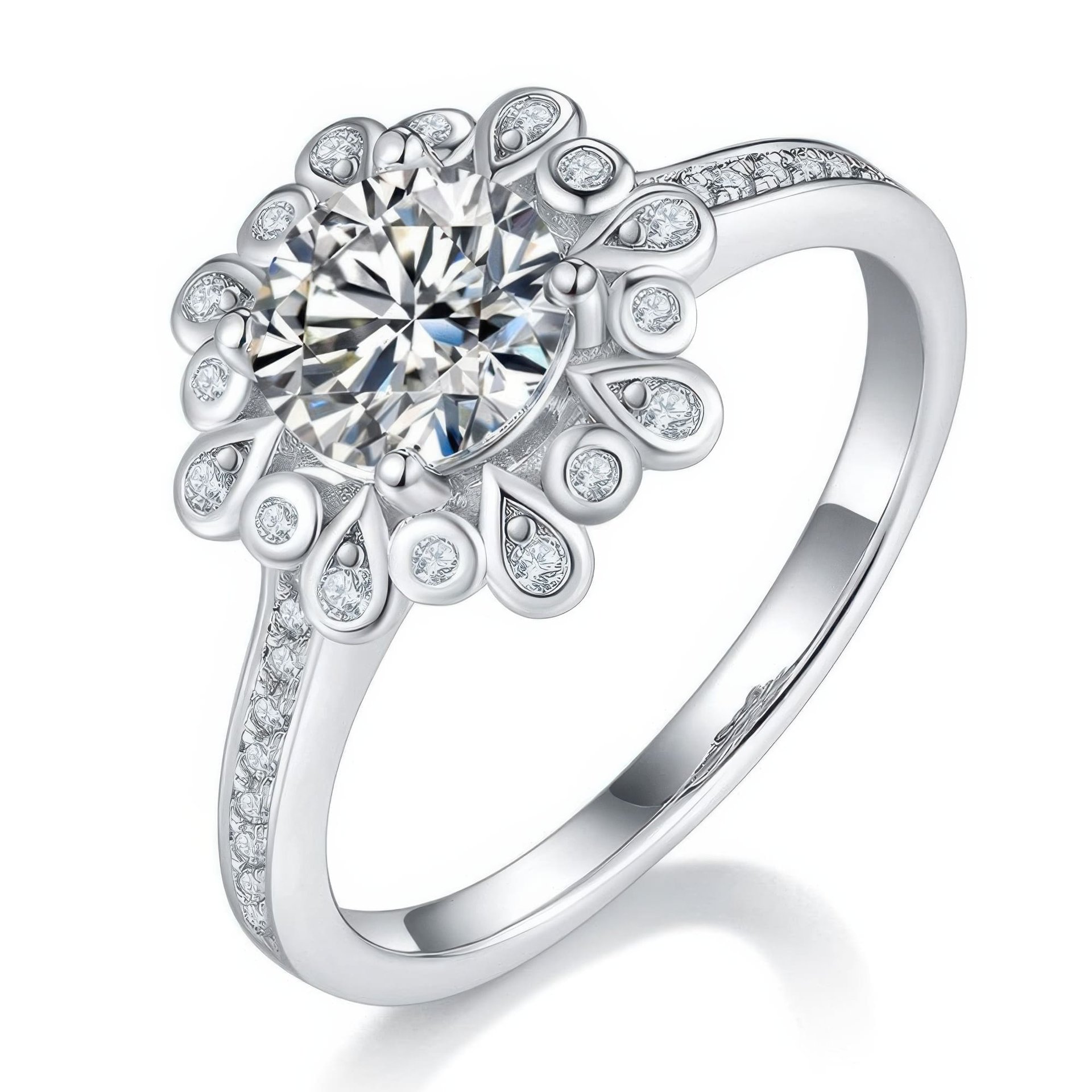 Moissanite Engagement Ring | Floral Halo Round Solitaire | 925 Sterling Silver