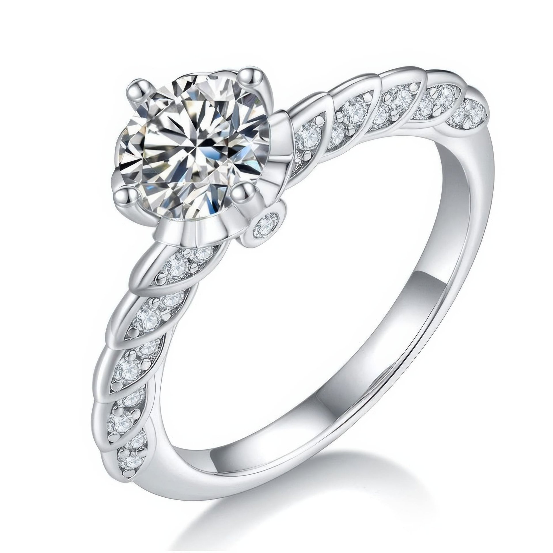 1ct Moissanite Crown Solitaire Ring | Twisted Pavé Band | 925 Sterling Silver