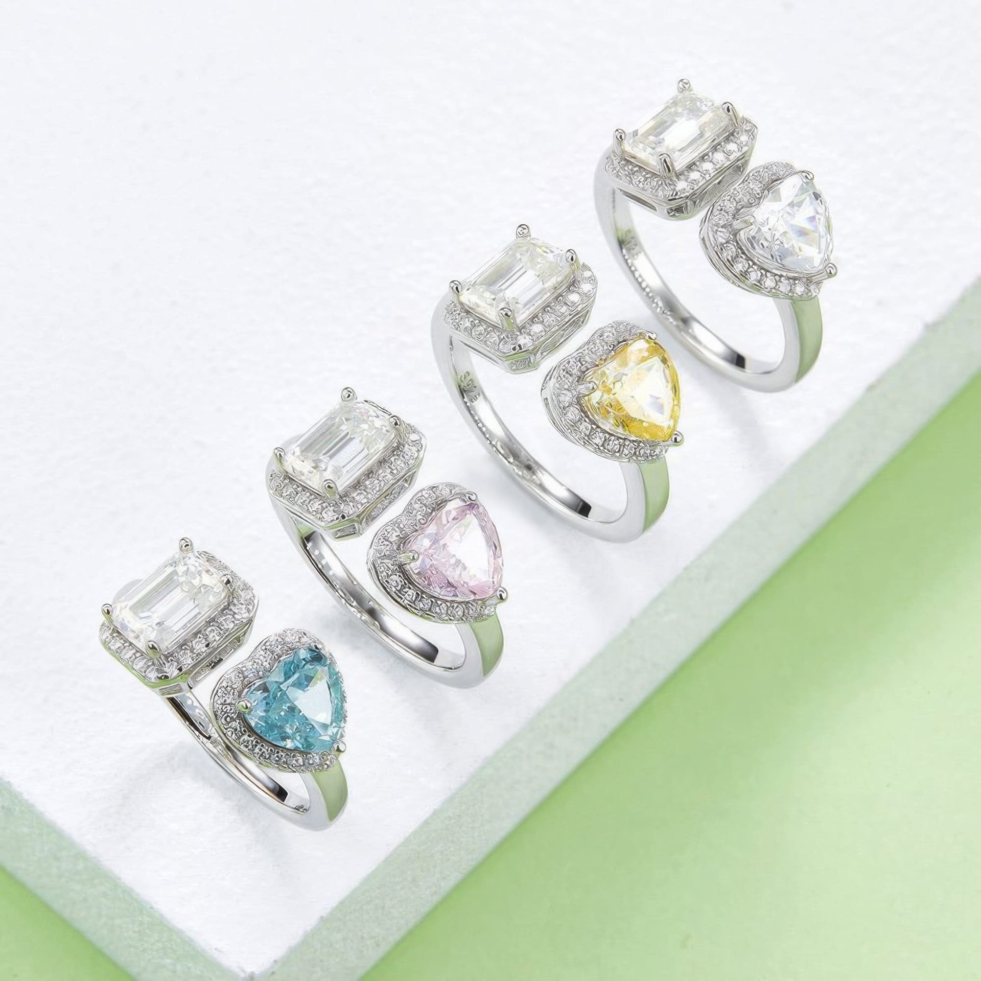 Heart & Emerald Cut Moissanite Toi et Moi Ring | 925 Silver Double Halo Open Band - Image 6