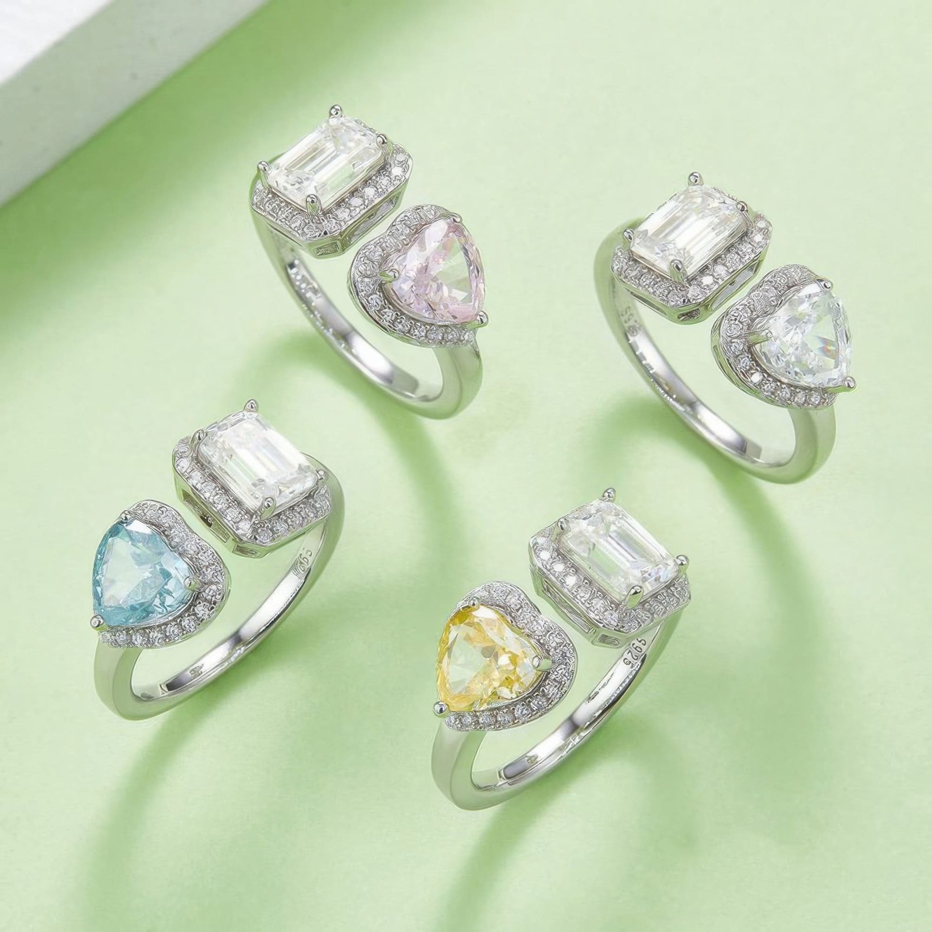 Heart & Emerald Cut Moissanite Toi et Moi Ring | 925 Silver Double Halo Open Band - Image 7