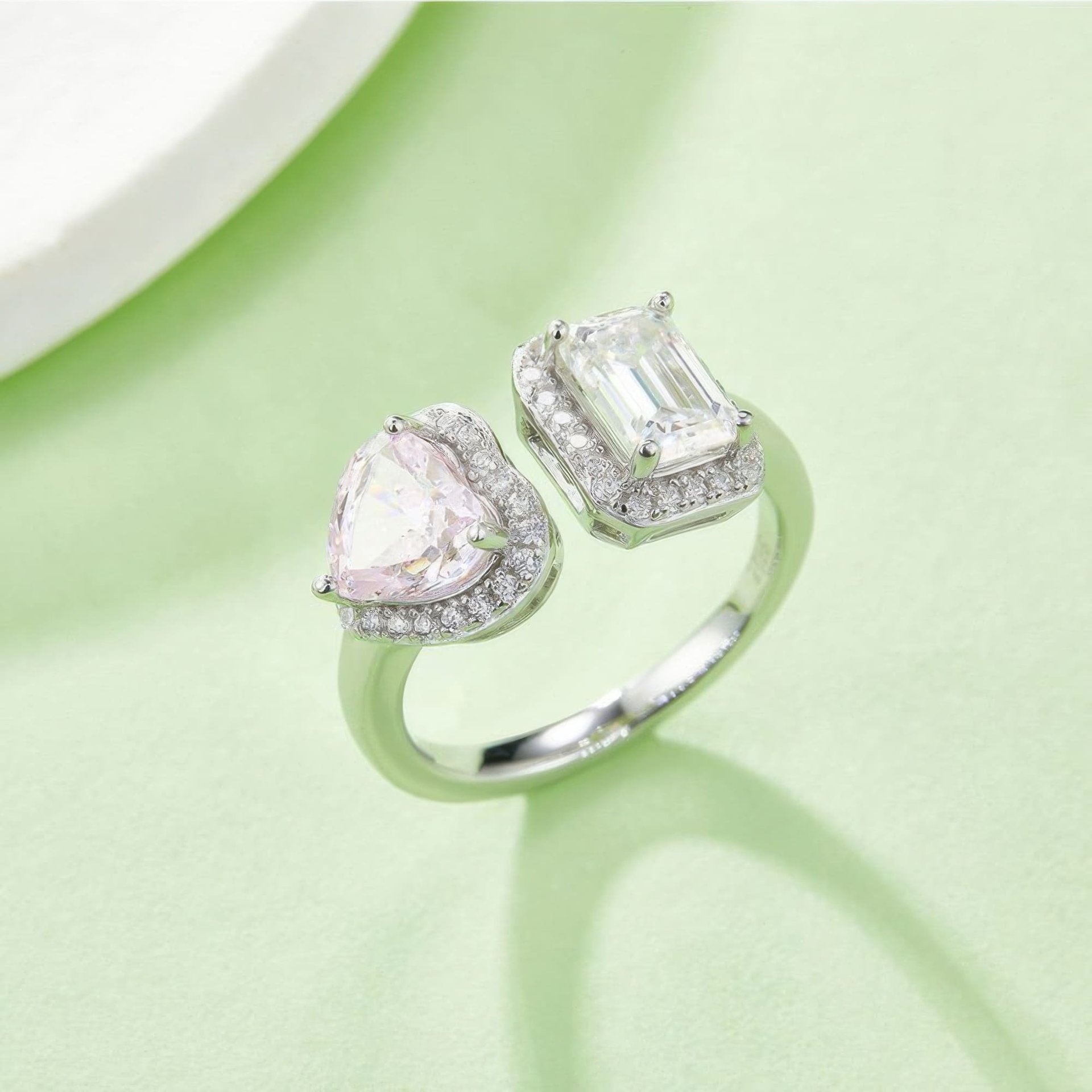 Heart & Emerald Cut Moissanite Toi et Moi Ring | 925 Silver Double Halo Open Band - Image 3