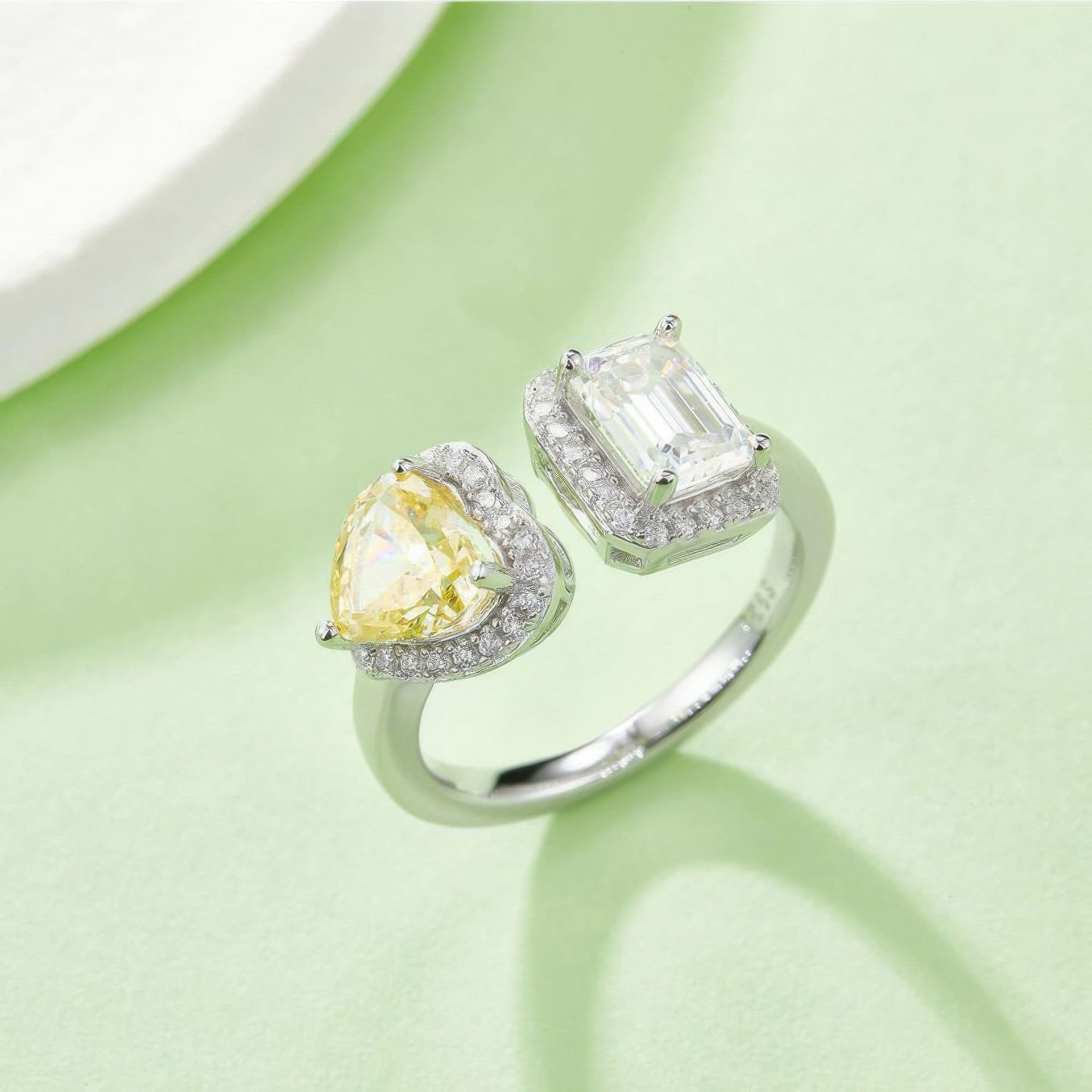 Heart & Emerald Cut Moissanite Toi et Moi Ring | 925 Silver Double Halo Open Band - Image 4