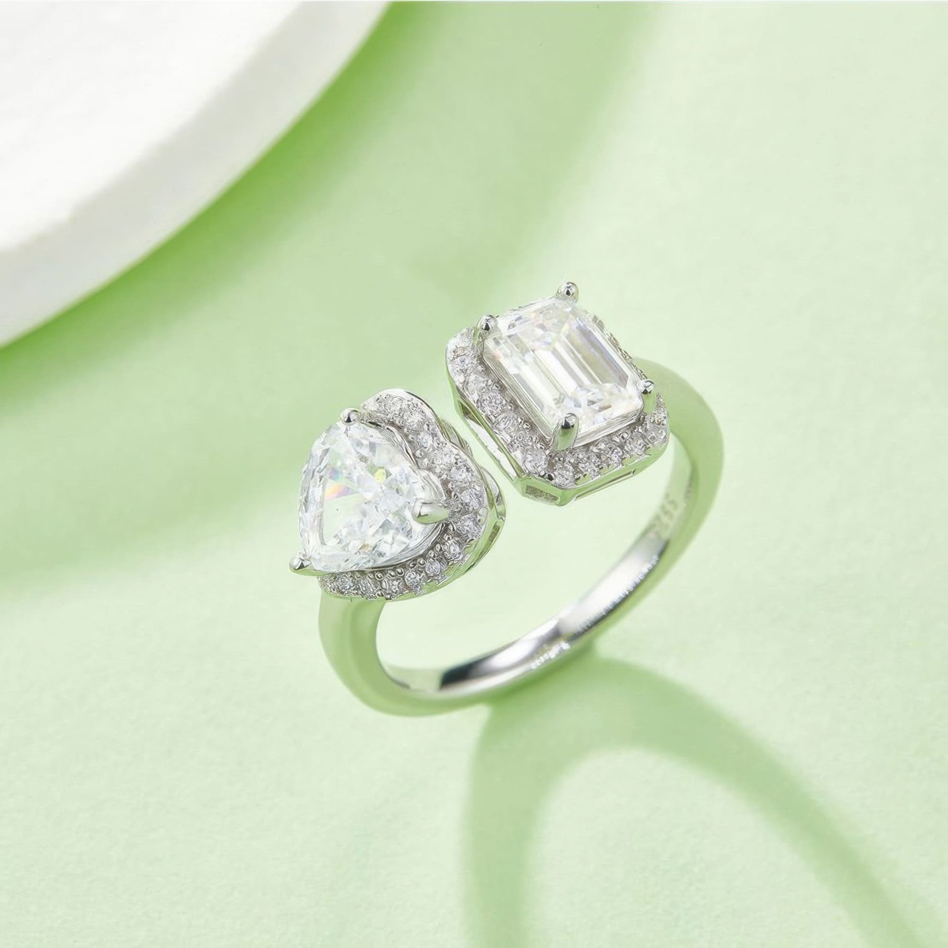 Heart & Emerald Cut Moissanite Toi et Moi Ring | 925 Silver Double Halo Open Band - alternate view