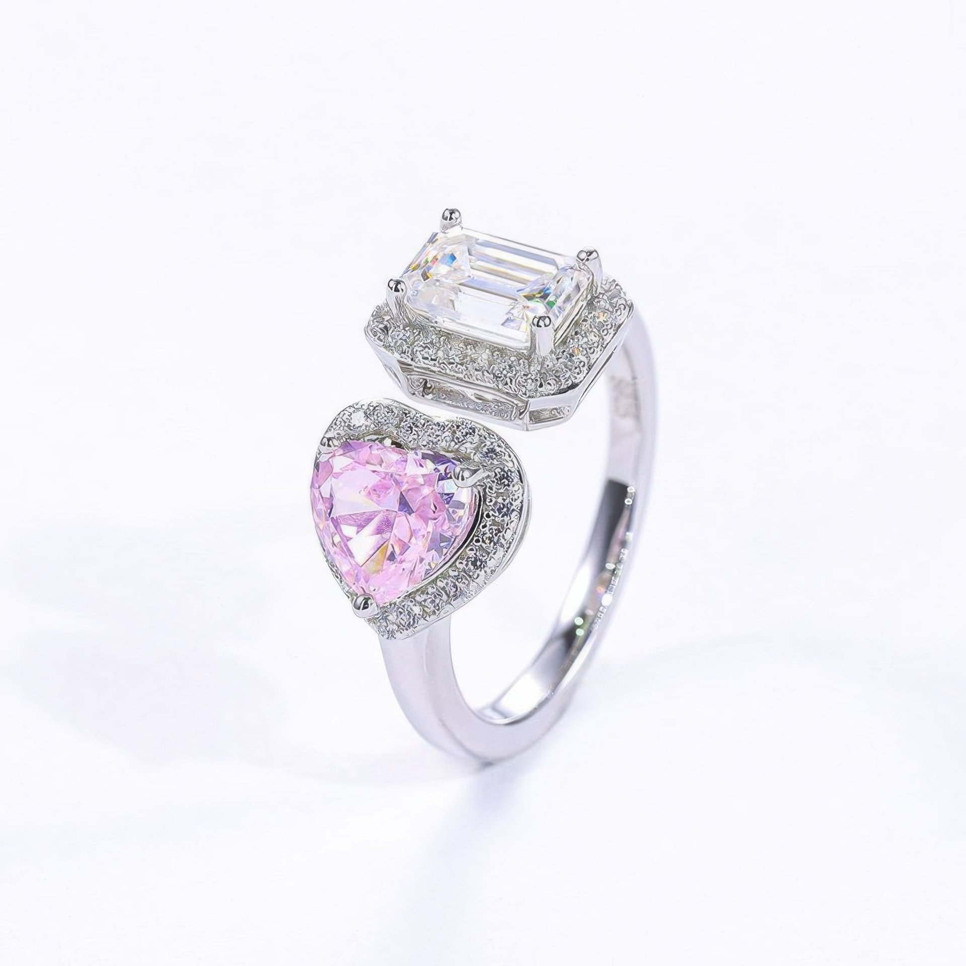 Heart & Emerald Cut Moissanite Toi et Moi Ring | 925 Silver Double Halo Open Band - Image 9