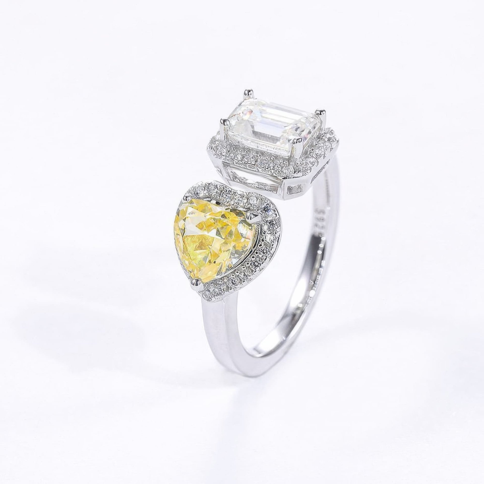Heart & Emerald Cut Moissanite Toi et Moi Ring | 925 Silver Double Halo Open Band - Image 10