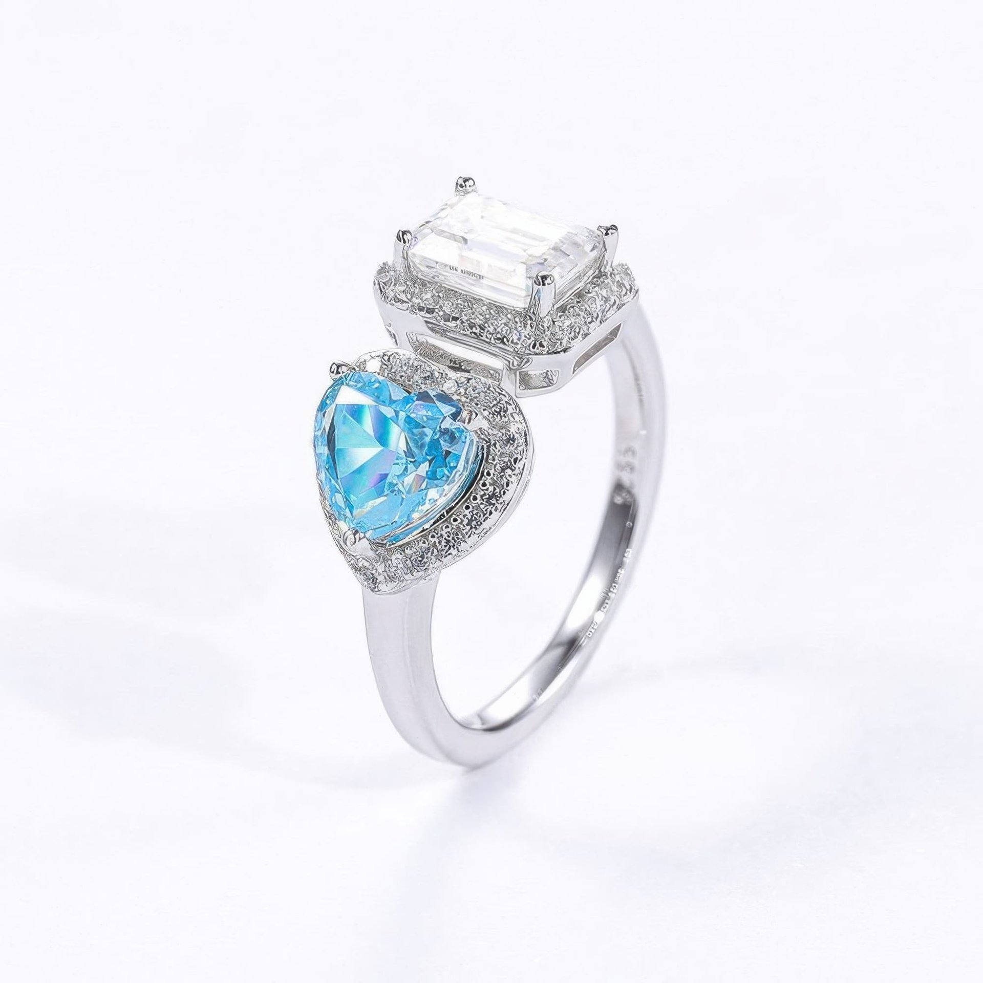 Heart & Emerald Cut Moissanite Toi et Moi Ring | 925 Silver Double Halo Open Band - Image 11