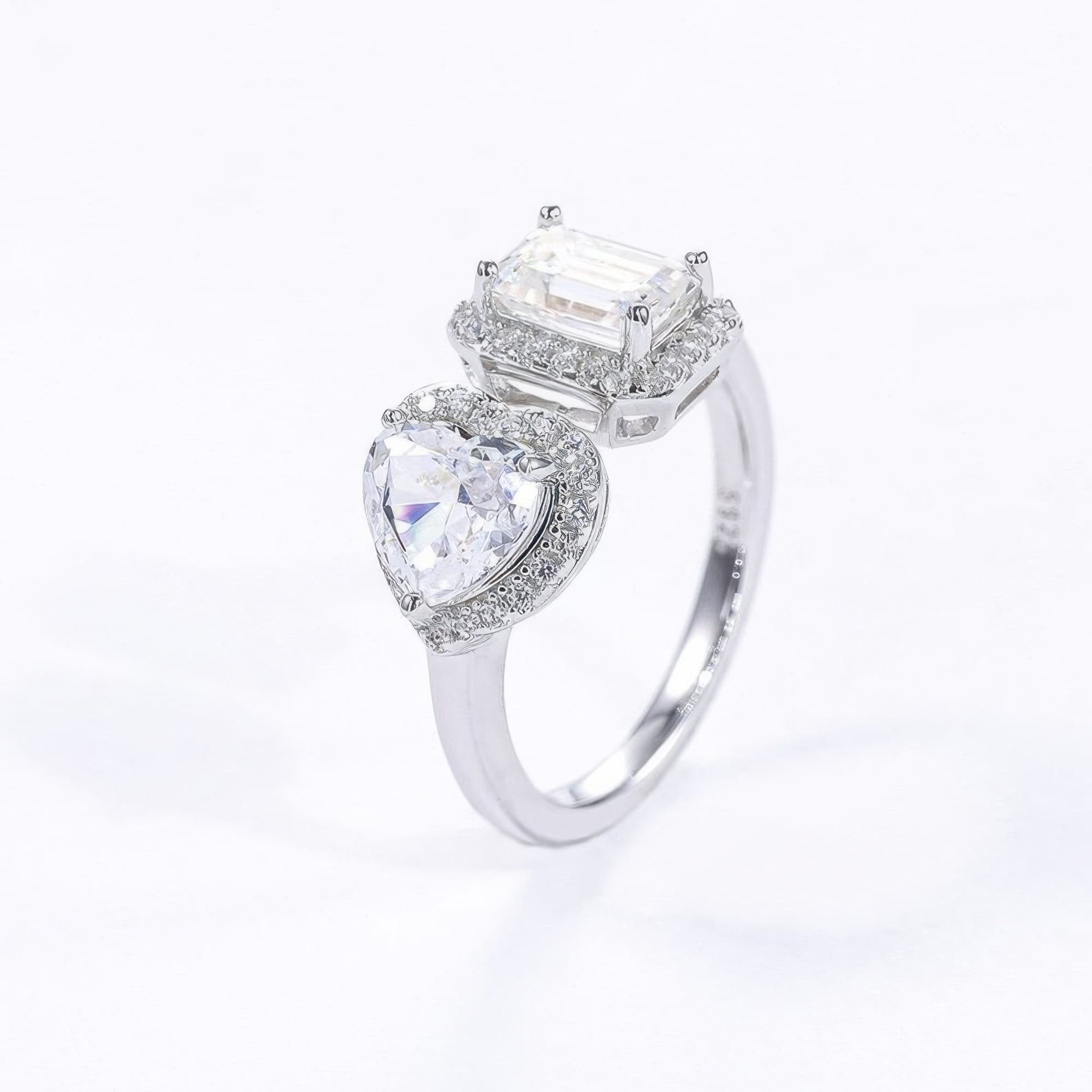 Heart & Emerald Cut Moissanite Toi et Moi Ring | 925 Silver Double Halo Open Band - Image 8
