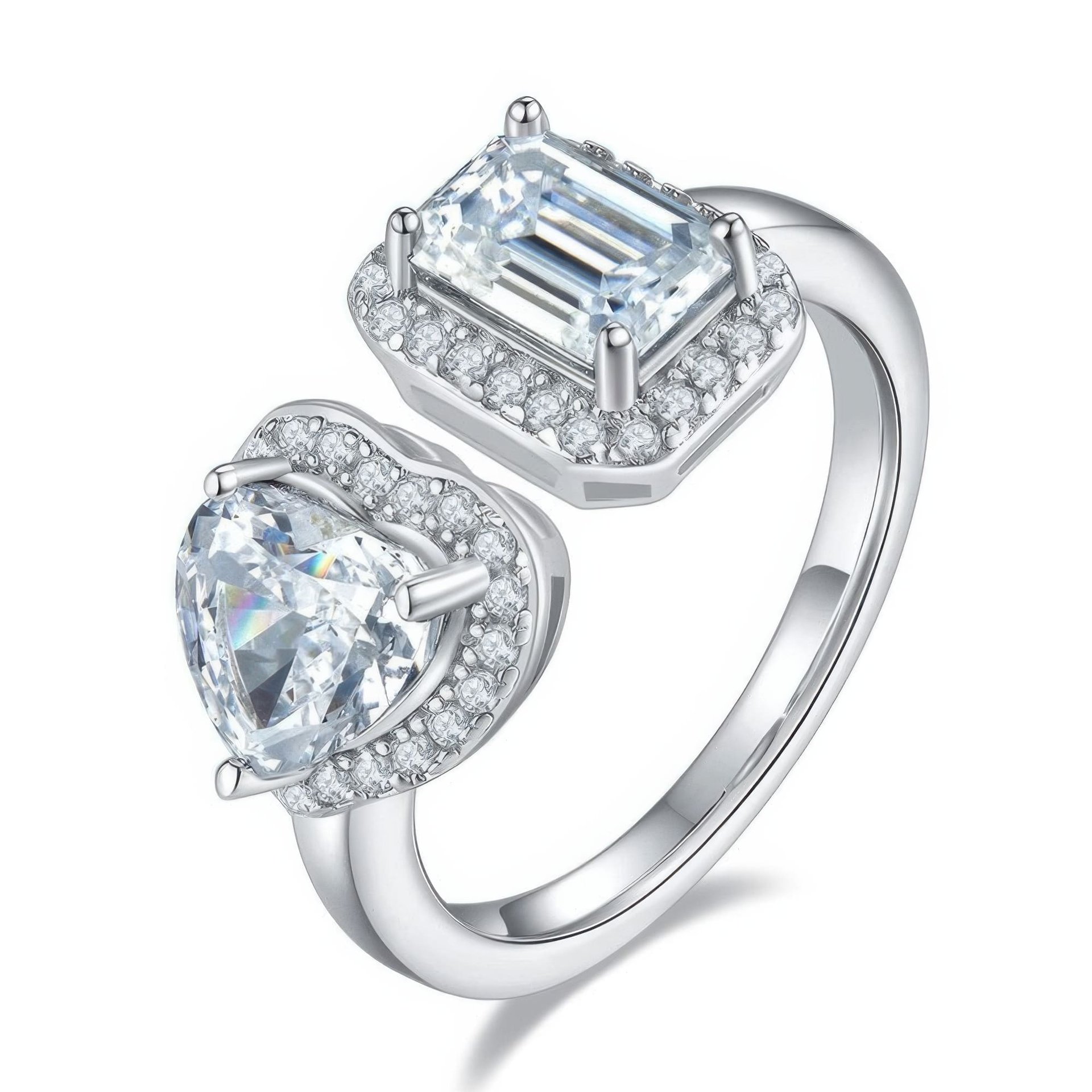 Heart & Emerald Cut Moissanite Toi et Moi Ring | 925 Silver Double Halo Open Band
