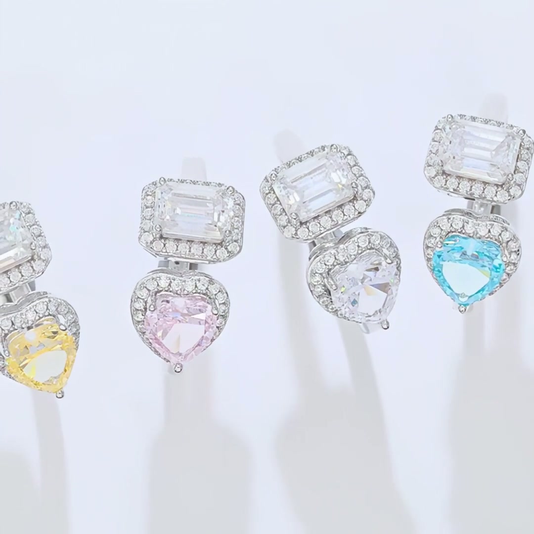 Heart & Emerald Cut Moissanite Toi et Moi Ring | 925 Silver Double Halo Open Band product video thumbnail