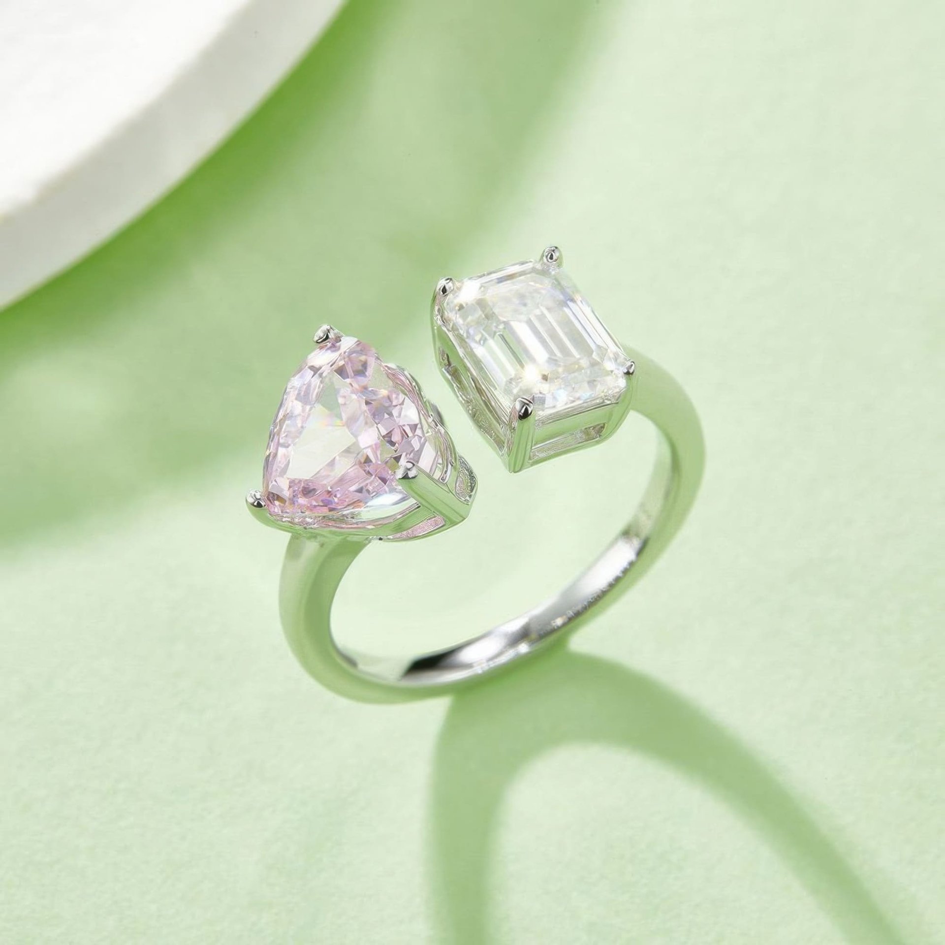 Heart & Emerald Cut Moissanite Toi et Moi Ring | 925 Silver Solitaire Open Band - Image 3