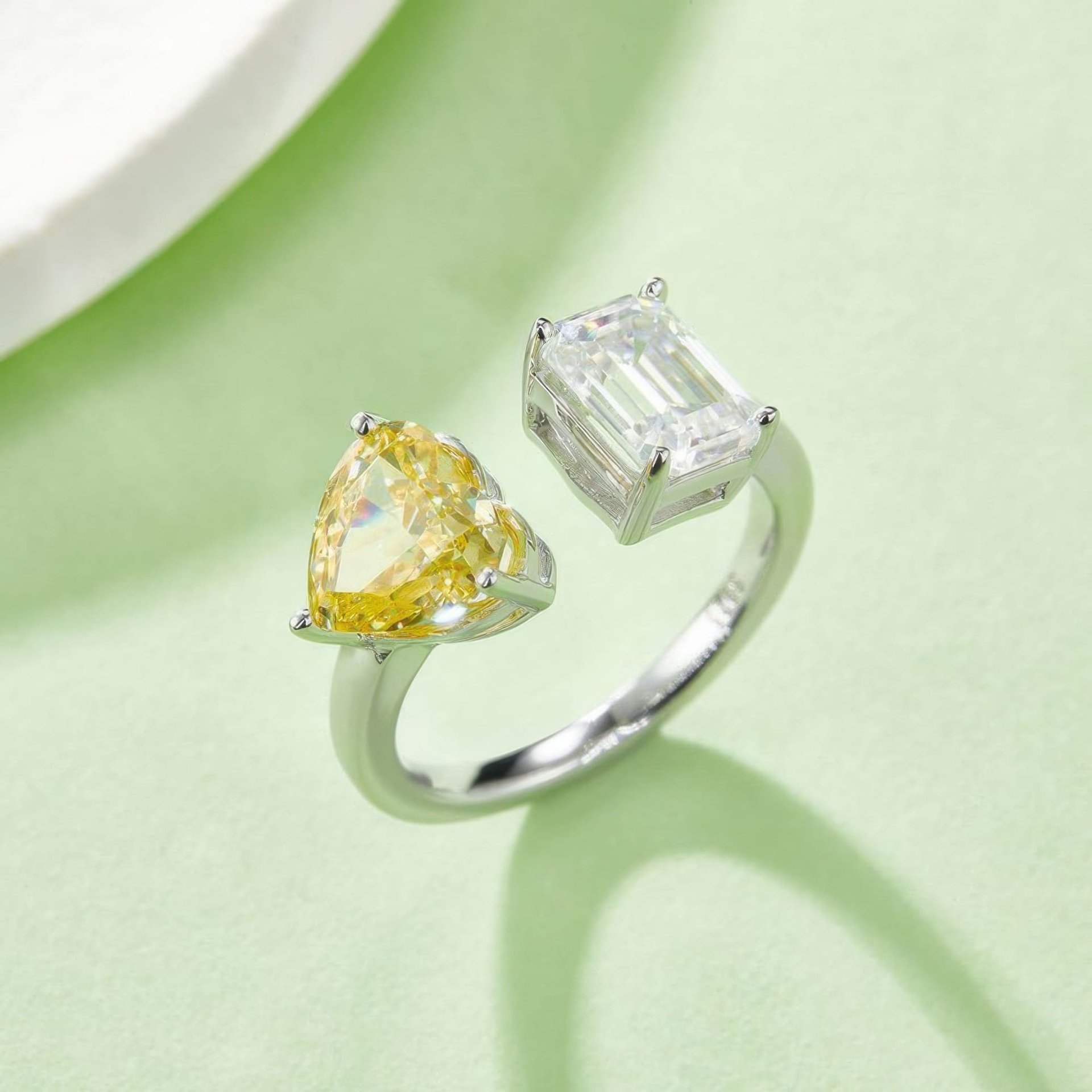 Heart & Emerald Cut Moissanite Toi et Moi Ring | 925 Silver Solitaire Open Band - Image 4