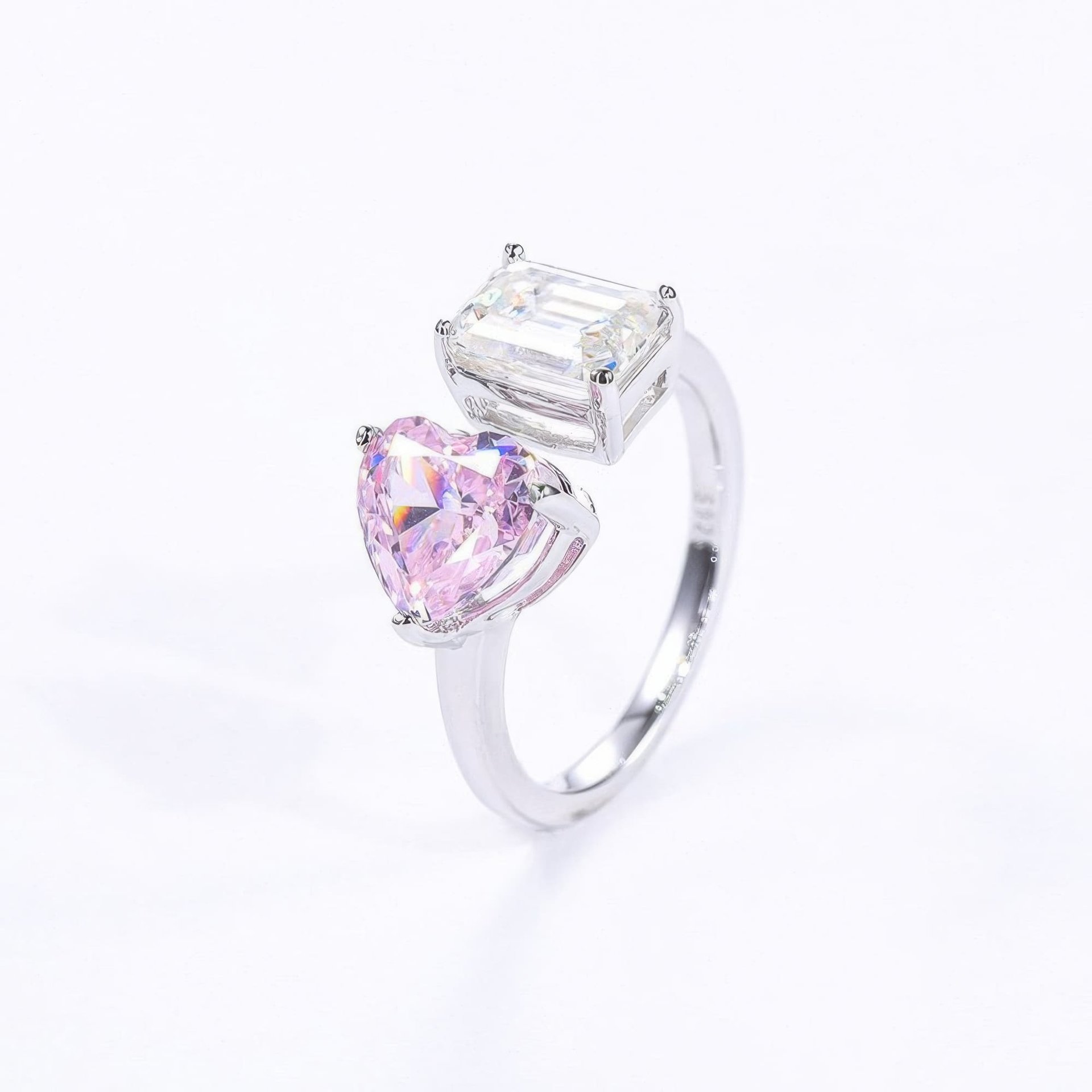 Heart & Emerald Cut Moissanite Toi et Moi Ring | 925 Silver Solitaire Open Band - Image 8