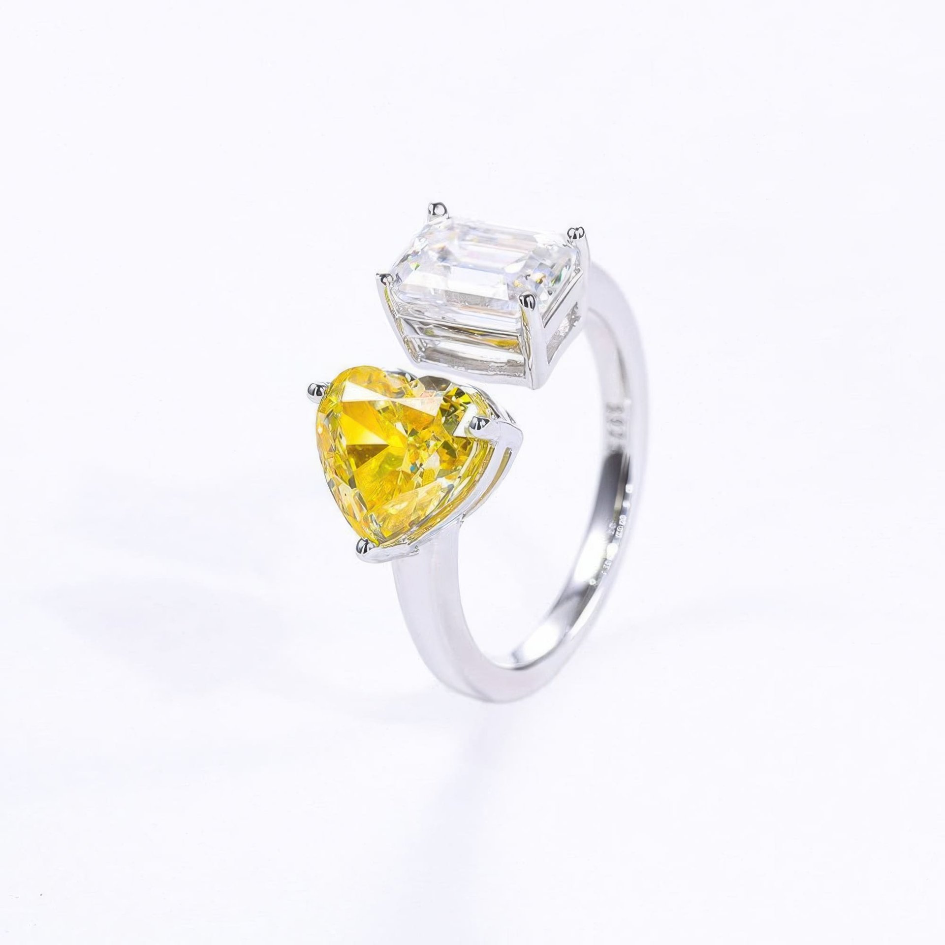 Heart & Emerald Cut Moissanite Toi et Moi Ring | 925 Silver Solitaire Open Band - Image 9