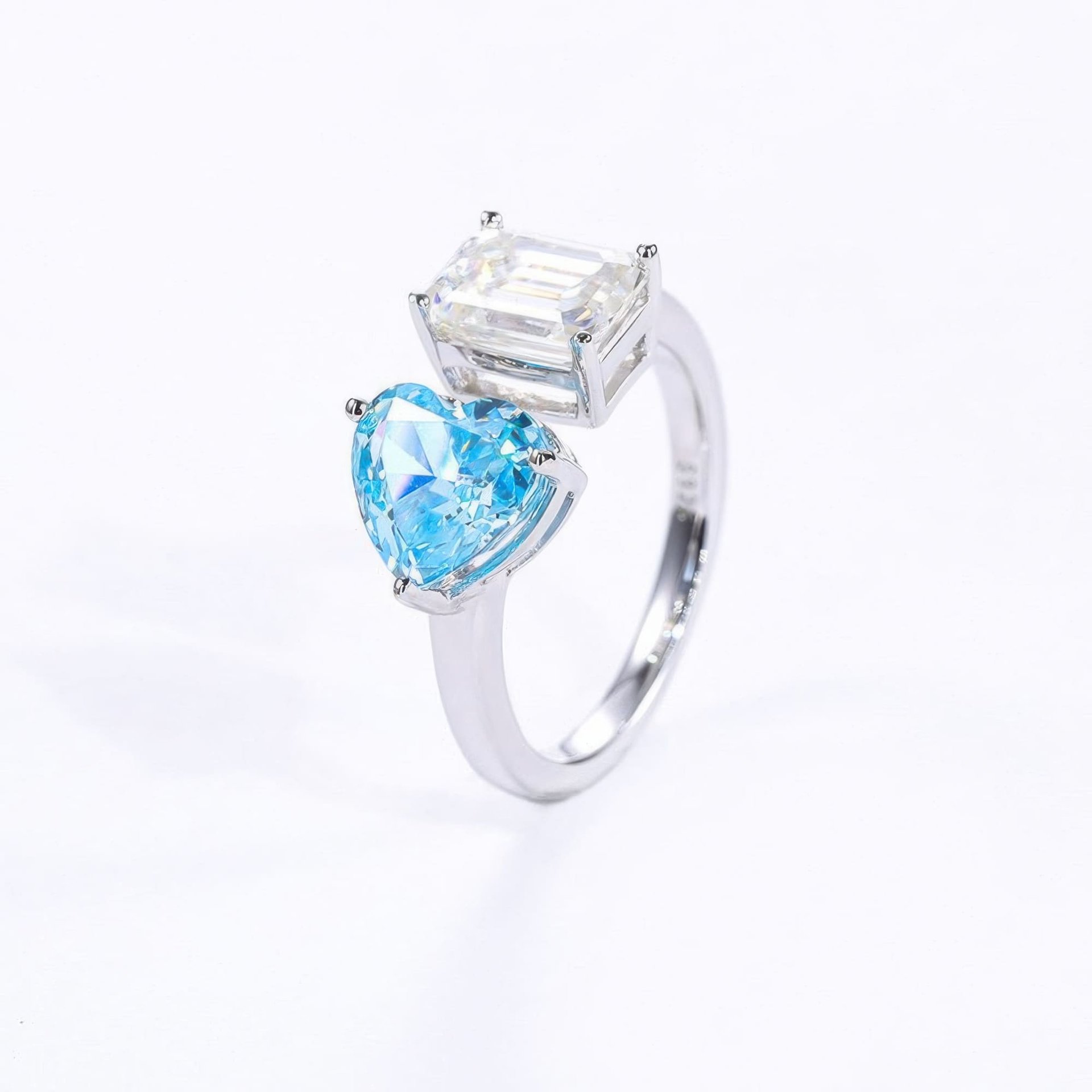Heart & Emerald Cut Moissanite Toi et Moi Ring | 925 Silver Solitaire Open Band - Image 10