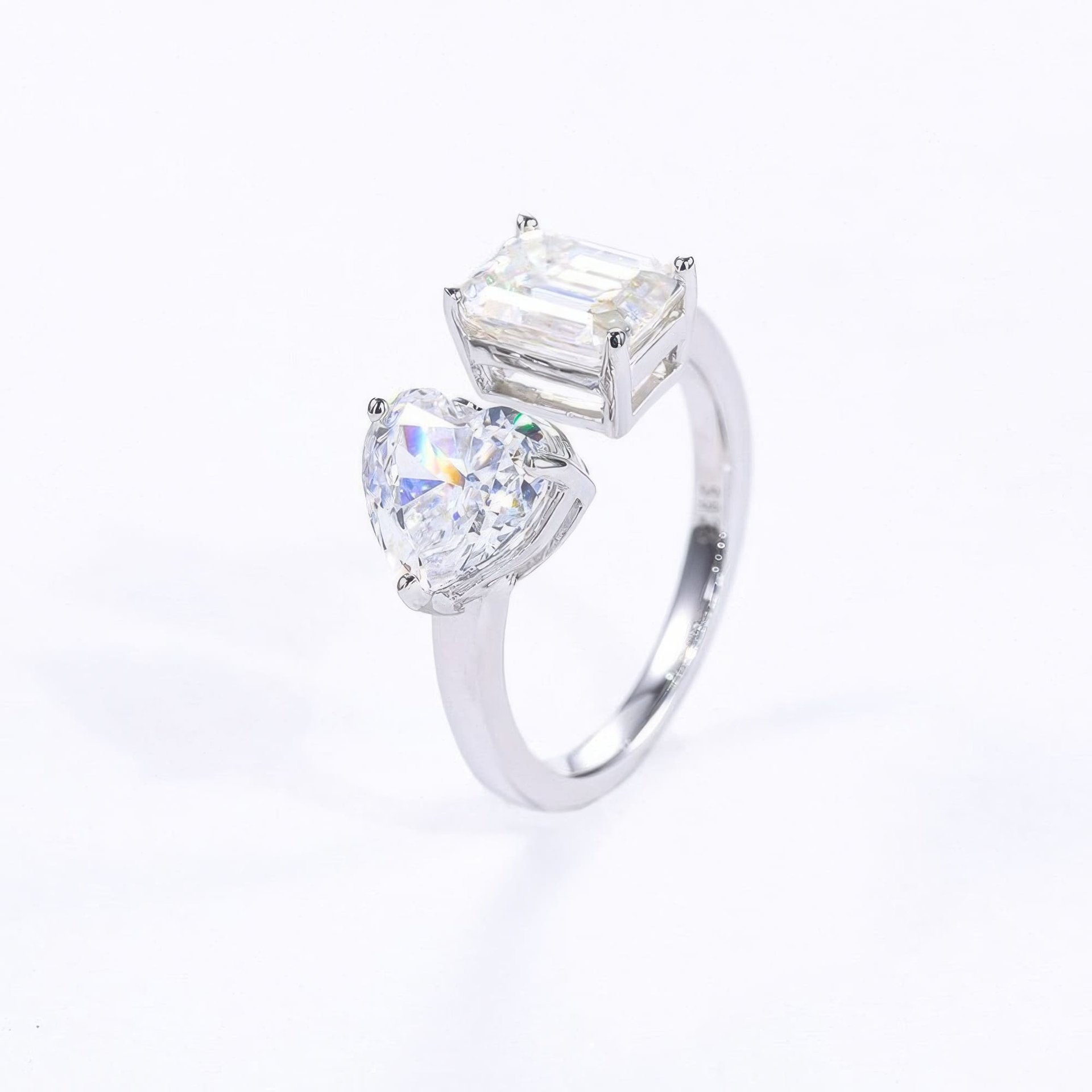 Heart & Emerald Cut Moissanite Toi et Moi Ring | 925 Silver Solitaire Open Band - Image 11