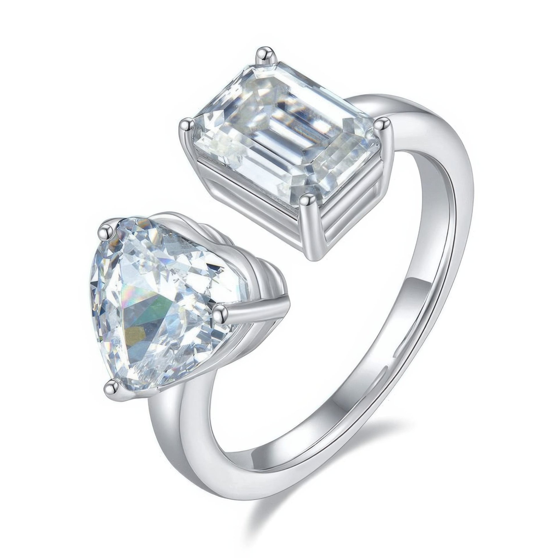 Heart & Emerald Cut Moissanite Toi et Moi Ring | 925 Silver Solitaire Open Band