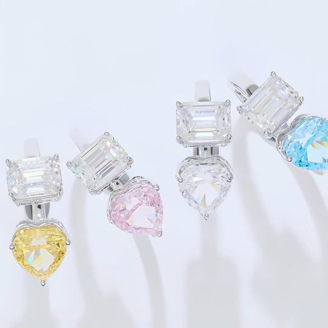 Heart & Emerald Cut Moissanite Toi et Moi Ring | 925 Silver Solitaire Open Band product video thumbnail
