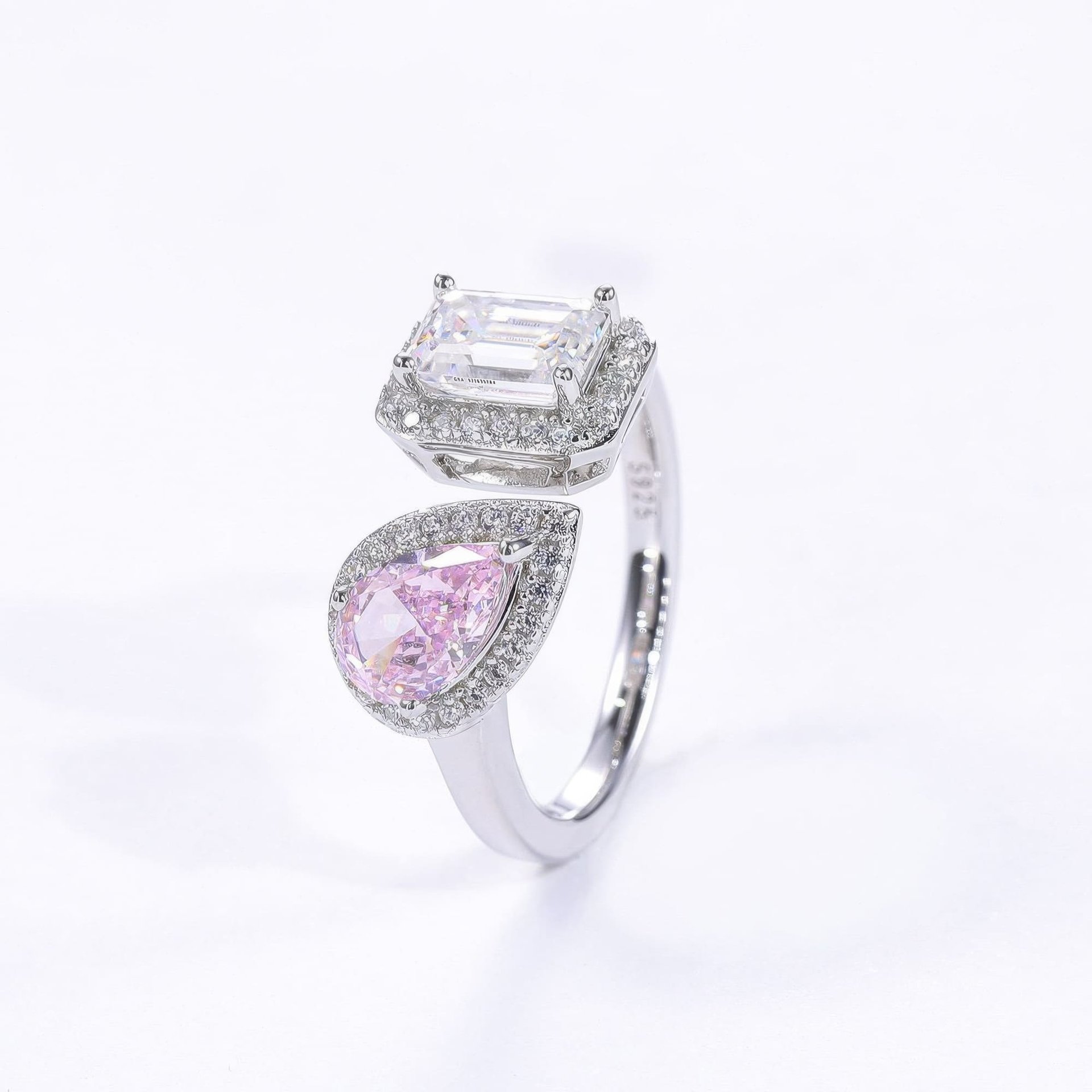 Emerald & Pear Cut Moissanite Toi et Moi Ring | 925 Silver Double Halo Open Band - Image 8