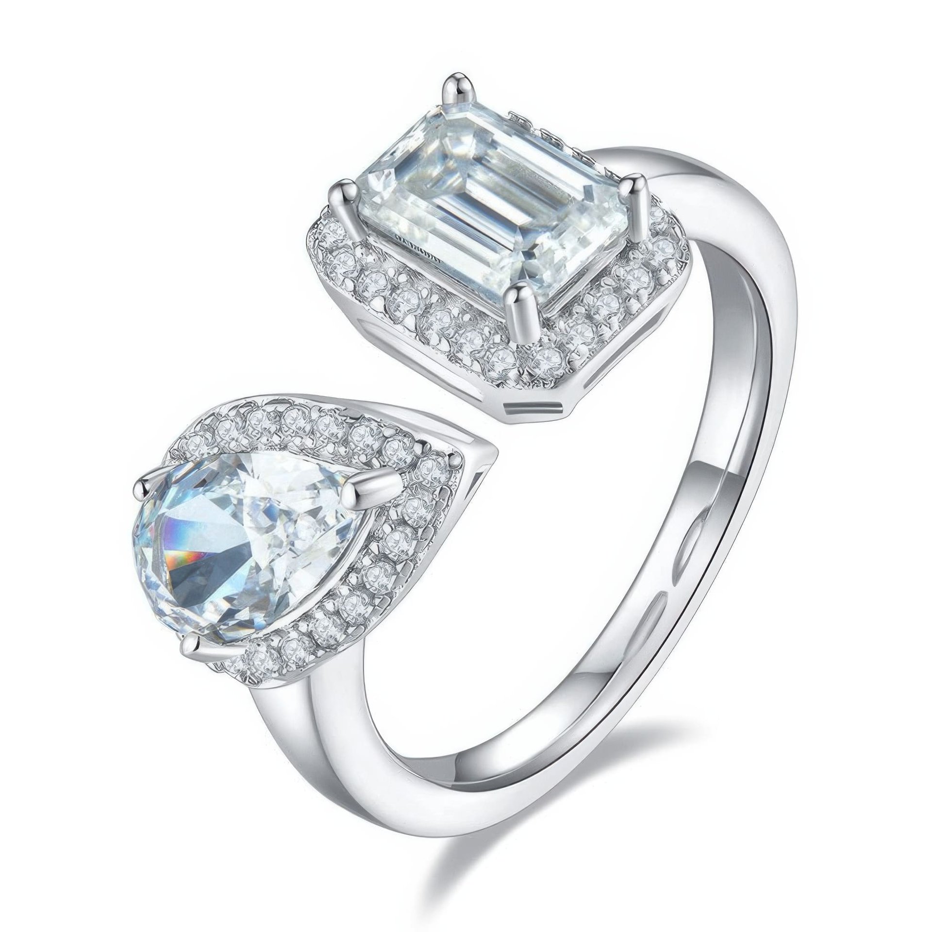 Emerald & Pear Cut Moissanite Toi et Moi Ring | 925 Silver Double Halo Open Band