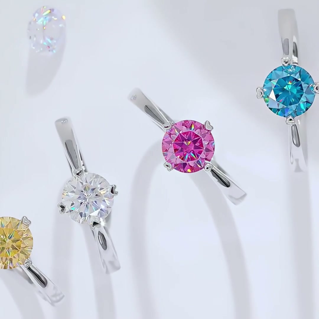 1 Carat Round Moissanite Solitaire Promise Ring | Heart-Prong 925 Sterling Silver product video thumbnail