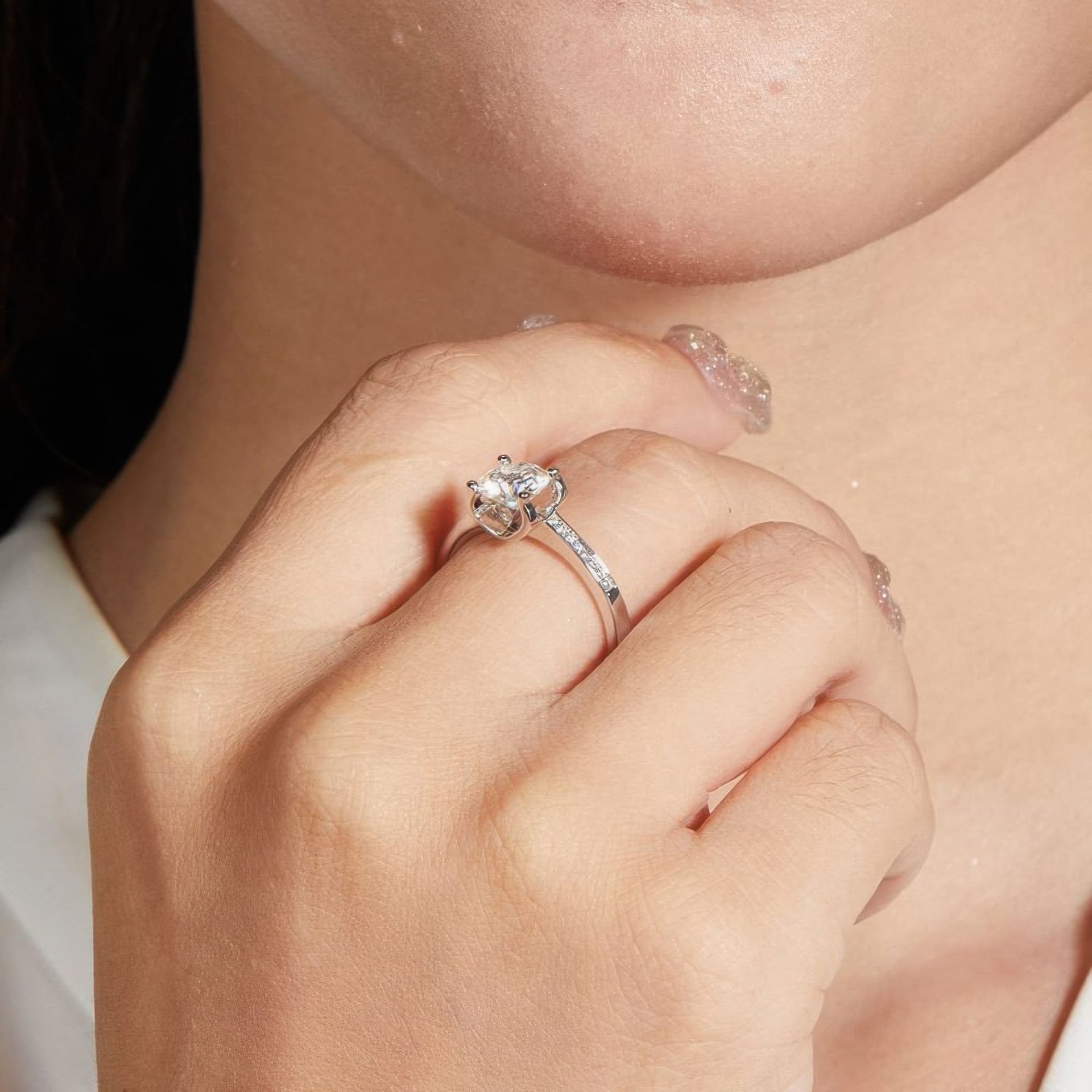 Round Moissanite Solitaire Ring | Pavé Shoulders | 1ct DEW 925 Sterling Silver - Image 2