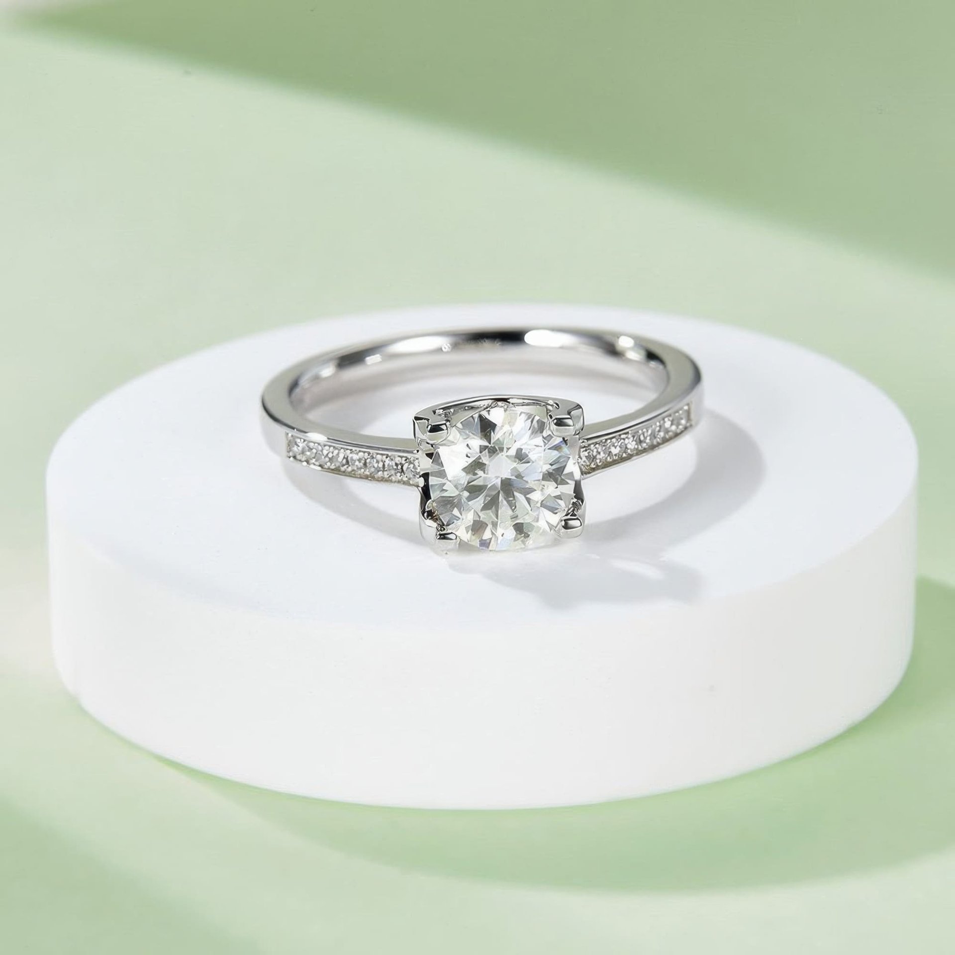 Round Moissanite Solitaire Ring | Pavé Shoulders | 1ct DEW 925 Sterling Silver - Image 4